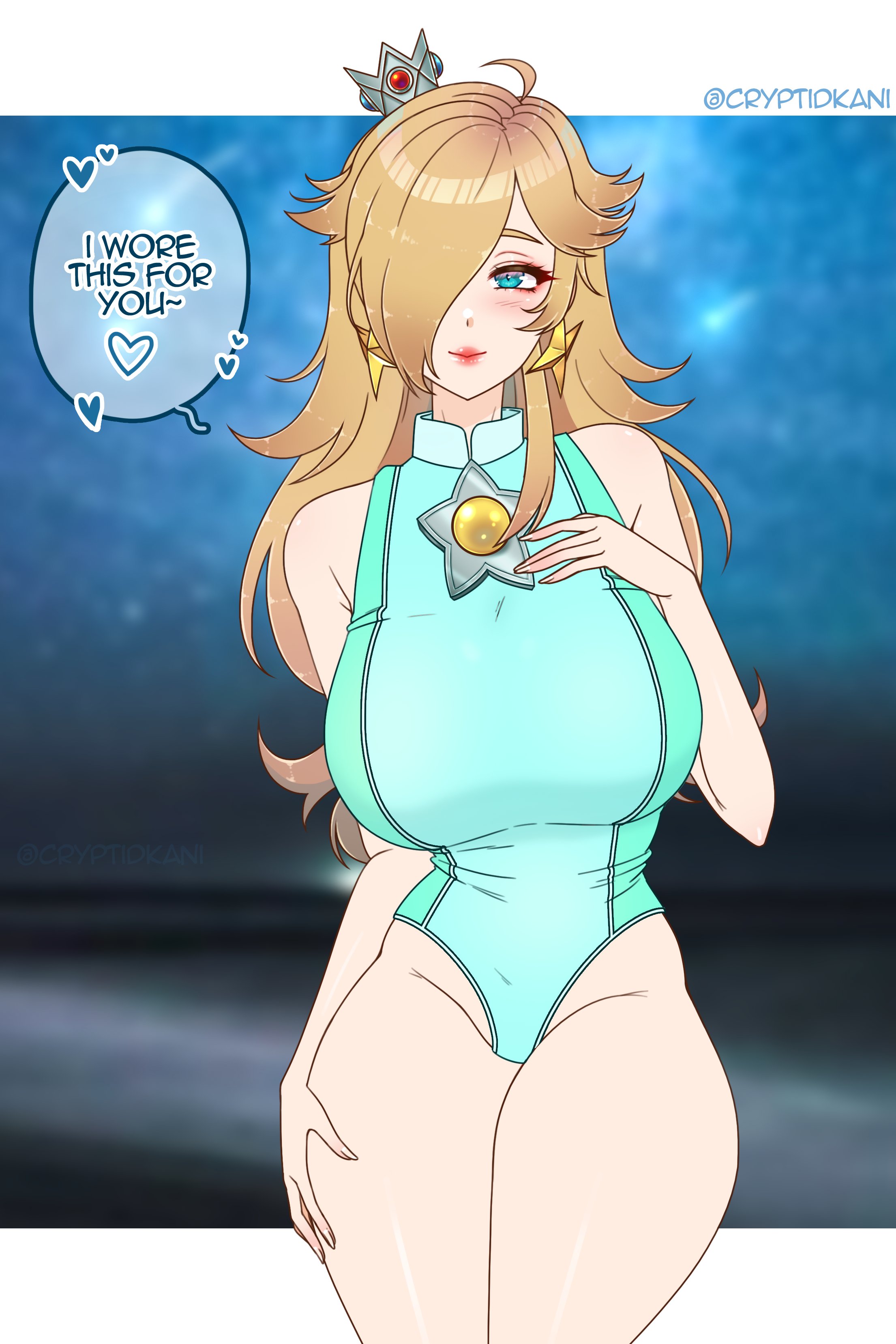1girls, alternate costume, bare thighs, bimbo, blonde hair, blue hair, blue swimsuit, breasts, crown, cryptid crab, english text, female, hair over one eye, large breasts, light blue eyes, long hair, looking at viewer, mario (series), nintendo, one-piece swimsuit, princess rosalina, smile, solo, super mario galaxy, swimsuit, text