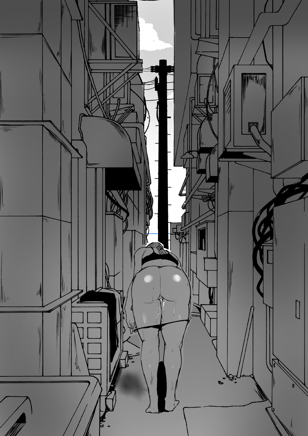 after_sex alley alleyway ass_focus big_ass chainsaw_man cum_in_pussy dressing fujou_joshi huzeu1 makima_(chainsaw_man) monochrome thick_thighs