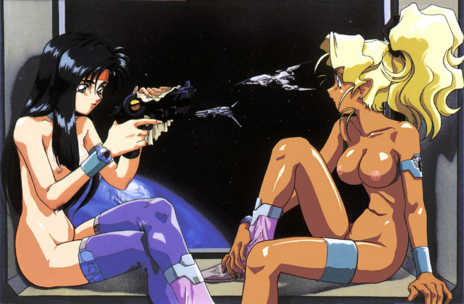 2girls blonde_hair blue_eyes breasts dark-skinned_female dark_skin female female_only galaxy_police headband kiyone_makibi long_hair mihoshi_kuramitsu multiple_girls nipples nude nude_filter photoshop pointy_ears tagme tenchi_muyo! topless