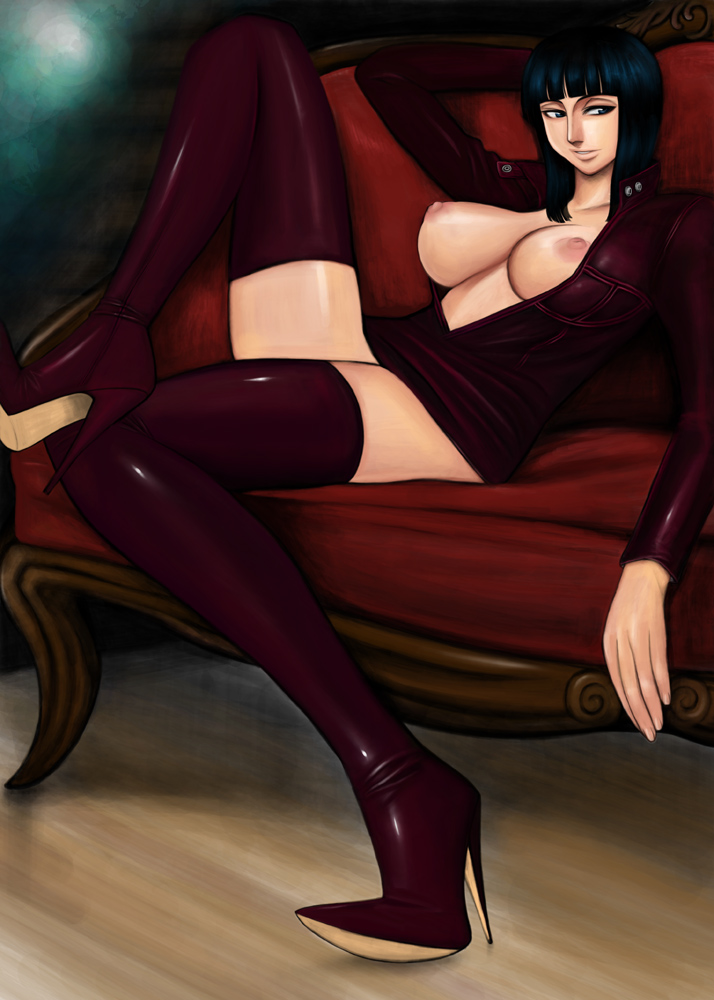 1girls breasts female female_only high_heels komii leather_minidress nico_robin nipples one_piece pre-timeskip shoes solo straight_hair thigh_boots thighhigh_boots thighhighs