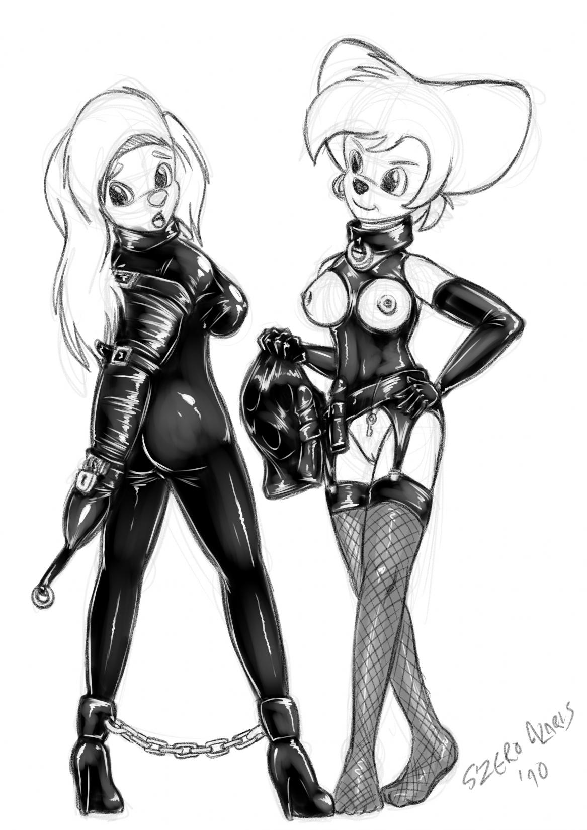 2girls a_goofy_movie anthro anthro_only armbinder bodysuit bondage disney female female_only goof_troop latex monochrome monoglove nipples peg_pete restrained roxanne_(goof_troop) s0lar1x thighhighs