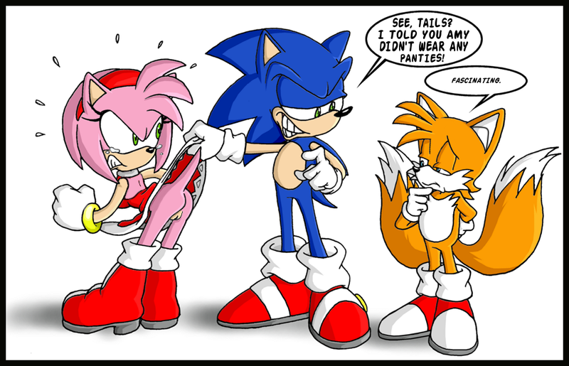 amy_rose angry anthro ass bent_over canine ccn chadthecartoonnut color dialogue dress dress_lift embarrassed enf english_text female fox fur furry furry_only hedgehog interspecies looking_at_another looking_back male mammal multiple_males nude sonic_(series) sonic_the_hedgehog standing tails text uncensored