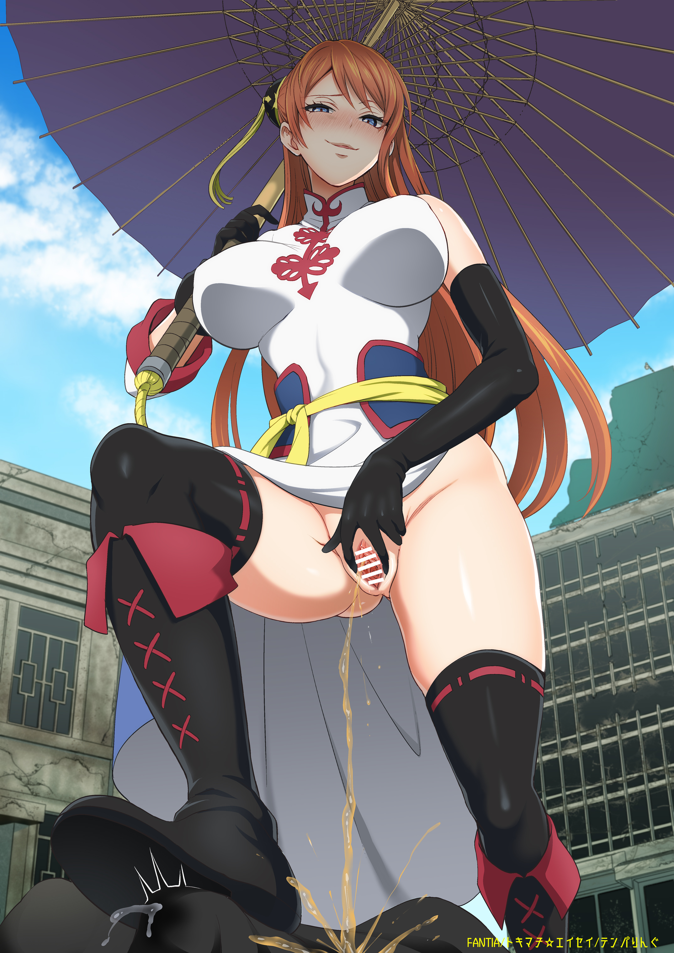 1boy, 1girls, aged up, big breasts, boot fetish, bootjob, boots, breasts, bun cover, censored, chinese clothes, ejaculation, female, femdom, gintama, gintama: be forever yorozuya, gloves, grin, hair ornament, kagura (gintama), long hair, looking at viewer, male, no panties, official alternate costume, official alternate hairstyle, orange hair, peeing, peeing on another, penis, pov, pussy, smug, spread pussy, stepping on penis, thighhighs, tokimachi eisei, umbrella, urine