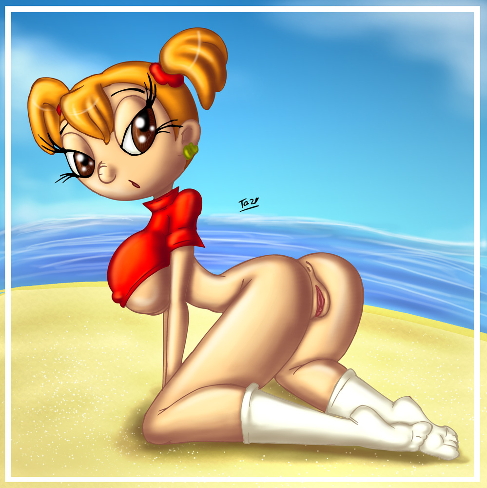 ass beach bottomless breasts day female female_only huge_breasts human innocenttazlet kneeling looking_aside looking_at_viewer michelene_mavinsky mike_lu_and_og orange_hair outdoors pale_skin pussy shirt side_view socks solo tagme