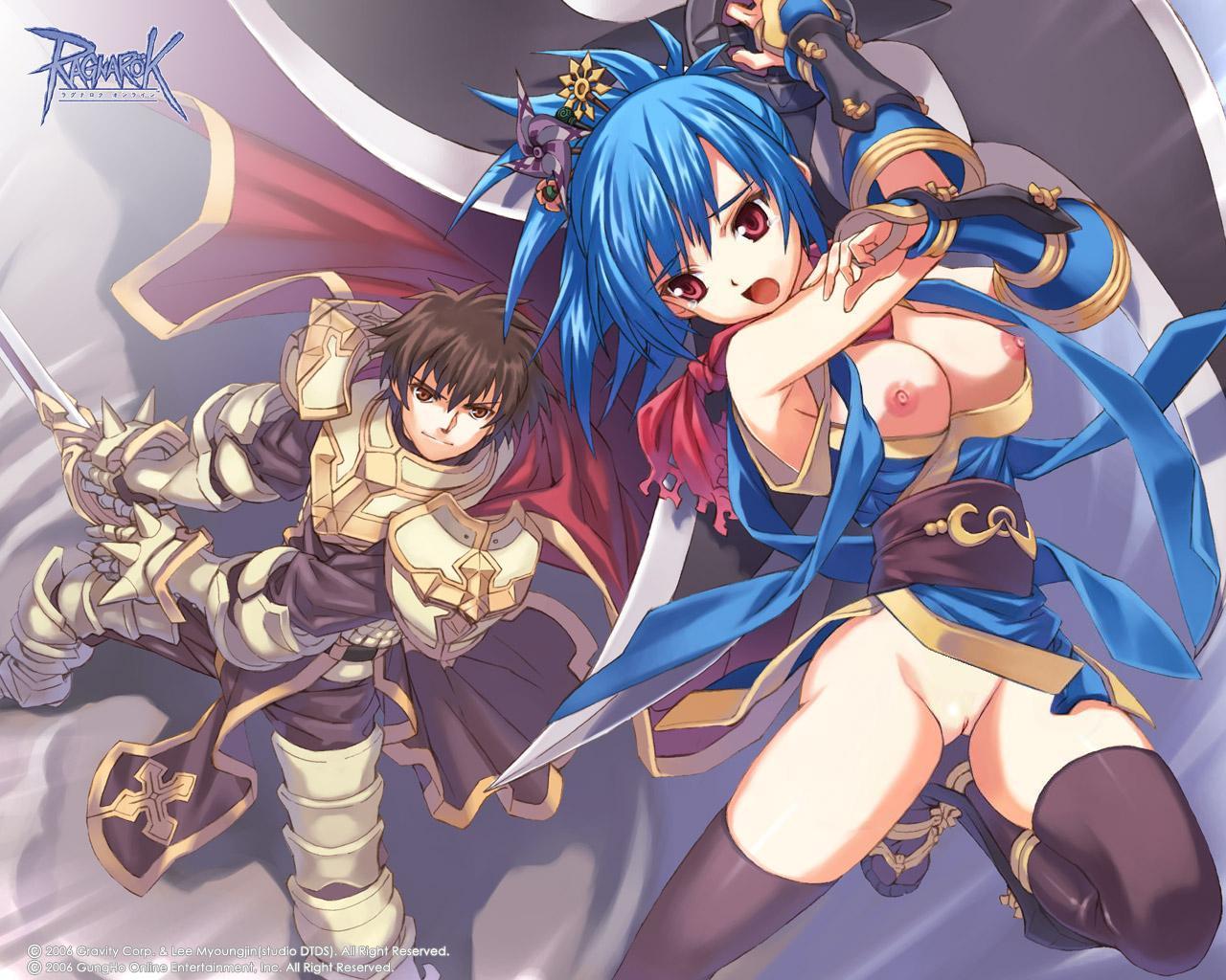 1boy 1girls armor breasts female lord_knight male ninja ragnarok_online sword weapon