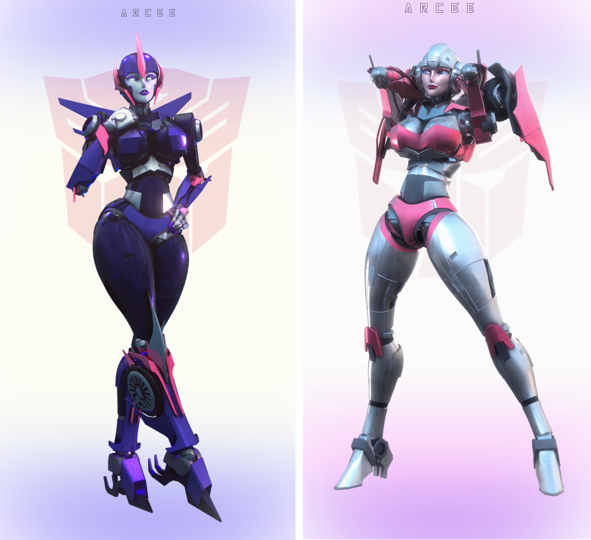 2girls, 3d, arcee, arcee (g1), arcee (g1) (trawert), arcee (prime), arcee (prime) (trawert), big breasts, breasts, built-in high heels, curvy, curvy body, female, female only, full body, high heels, hourglass figure, looking at viewer, multiple females, multiple girls, multiversal counterpart grouping, pose, posing, robot, robot girl, square crossover, thick thighs, transformers, transformers g1, transformers prime, trawert