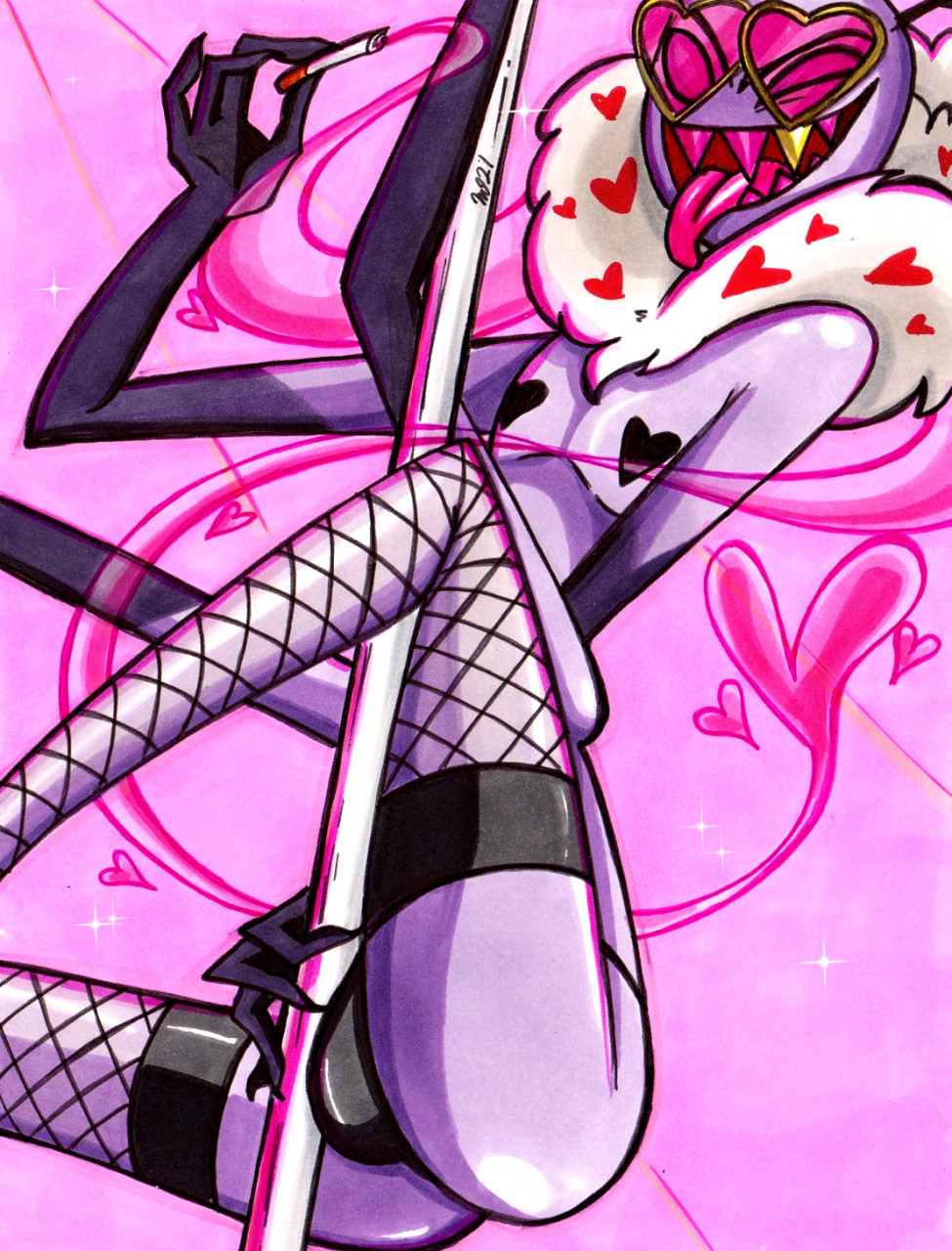 1boy bulge demon fishnet_stockings fishnets glasses hazbin_hotel heart heart-shaped_nipples legs_up moth open_mouth panties purple_skin red_eyes sharp_teeth smile smiling smoke smooth_skin solo solo_focus solo_male stripper_pole thighhighs tongue tongue_out valentino_(hazbin_hotel)