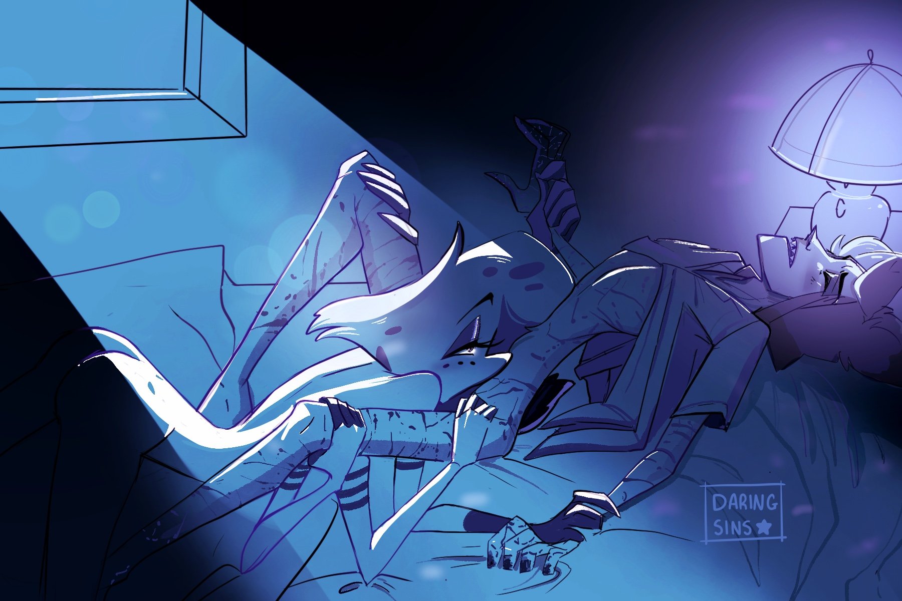 2boys, alastor (hazbin hotel), angel dust (hazbin hotel), arachnid, arched back, ass, blowjob, blush, chest tuft, closed eyes, dark room, deep penetration, deepthroat, deer, demon, fellatio, femboy, gay, hand on hip, hand on leg, hazbin hotel, holding hands, implied oral, looking pleasured, male, male only, male/male, naked, nude, on all fours, on back, on bed, one leg up, oral, oral sex, shirt, shirt up, spider, spread legs, spreading, tail, the daringsins, thighs, yaoi
