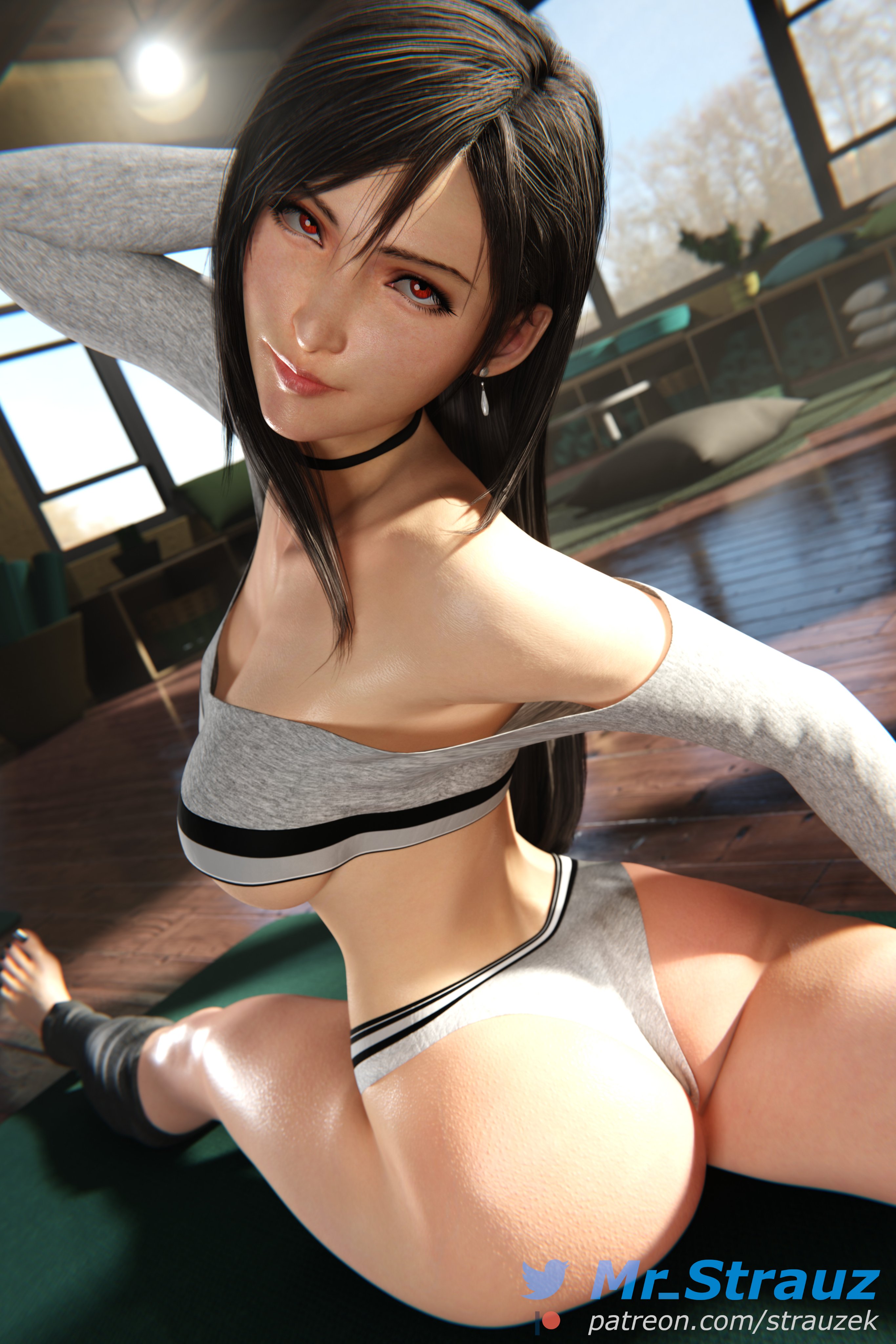1girls, 3d, ass, barefoot, big ass, black hair, blender, breasts, bubble ass, bubble butt, busty, choker, cleavage, dutch angle, earrings, exercise, exercise clothing, feet, female, female only, final fantasy, final fantasy vii, final fantasy vii remake, hands behind head, large breasts, leg warmers, long hair, looking at viewer, nail polish, navel piercing, off shoulder, pose, posing, red eyes, seductive look, shiny skin, skimpy, skimpy clothes, sleeves, smile, solo, splits, strauzek, stretching, tifa lockhart, toenail polish, underboob, workout clothes, yoga