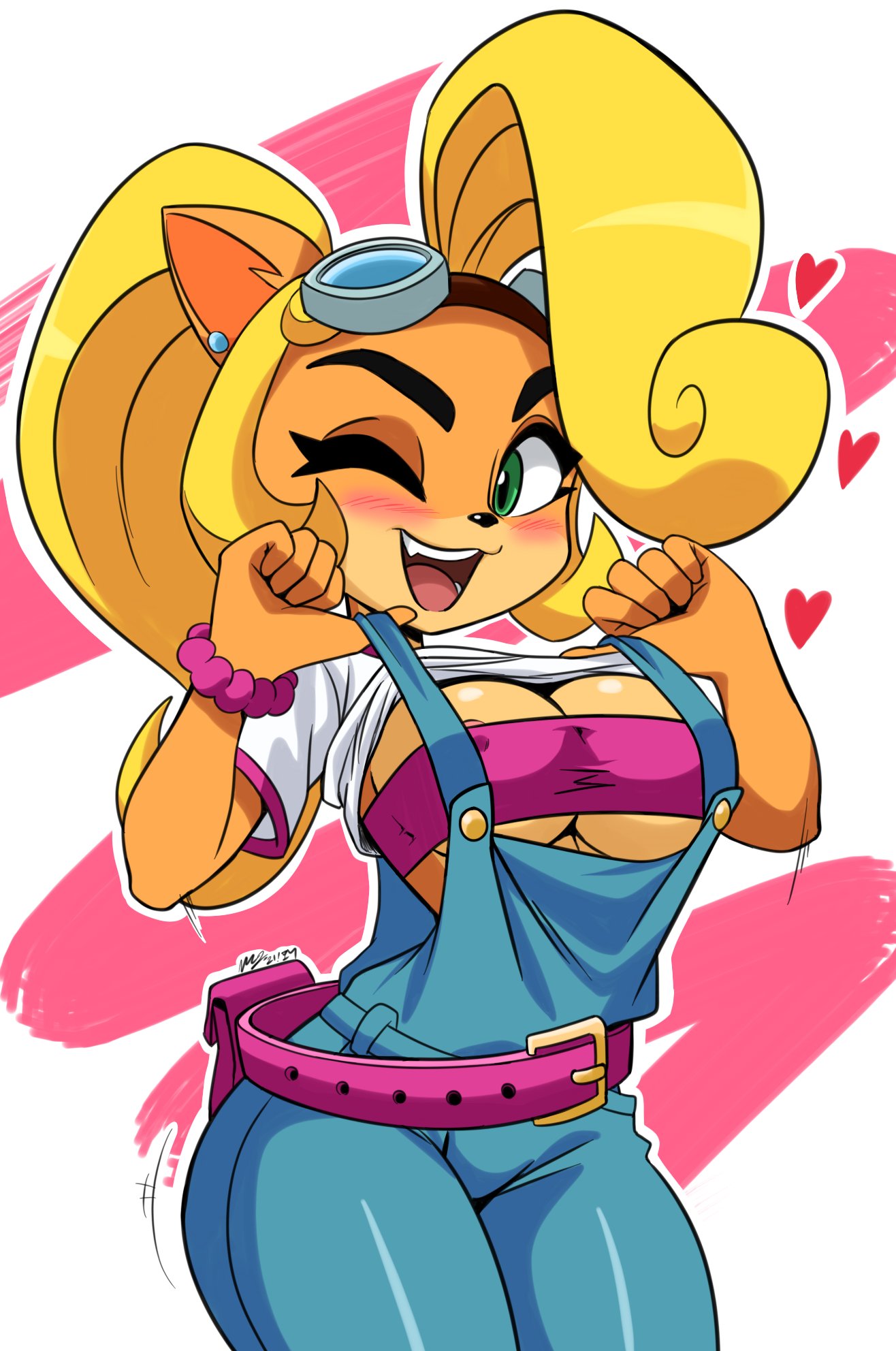 1girls, anthro, bandicoot, blonde hair, breasts, coco bandicoot, crash (series), female, fur, furry, heart, mergeritter, nipples, nothing under overalls, orange fur, overalls, solo, solo female, solo focus, tease, teasing