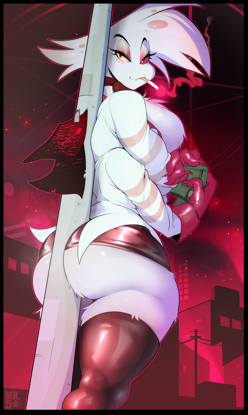 1boy angel_dust_(hazbin_hotel) arachnid ass big_ass chest_tuft choker cigarette clothed demon femboy gloves hazbin_hotel looking_back mr5star pole pole_between_ass skirt smoke solo solo_focus solo_male spider spread_ass standing thick thick_thighs thighhighs thighs voluptuous white_fur