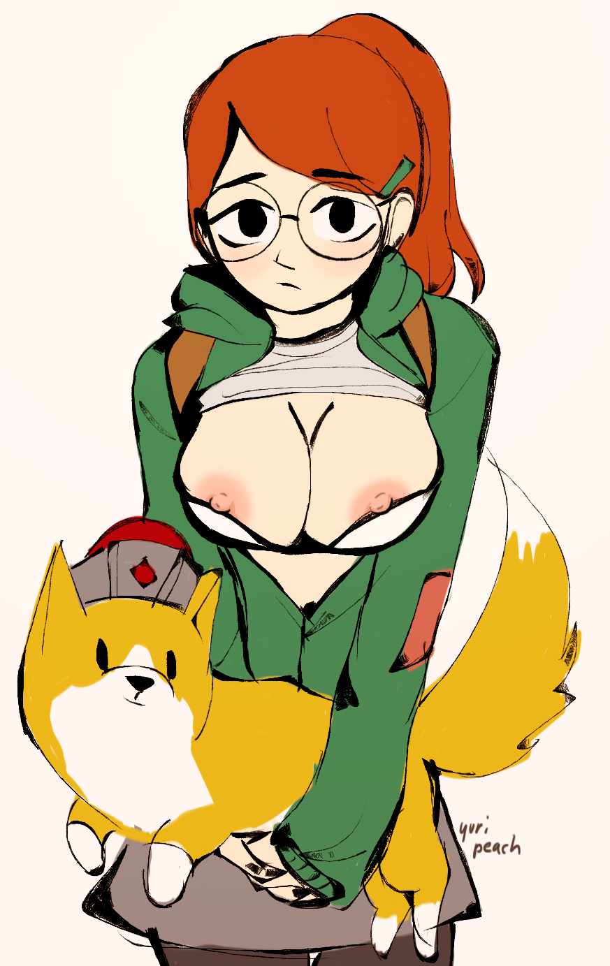 1girls areola areolae atticus_(infinity_train) backpack bag breasts cartoon_network clothing eyewear female female_focus glasses hbo_max human infinity_train light-skinned_female light_skin nipples open_shirt opened_shirt orange_hair pale-skinned_male red_hair tulip_olsen yuri_peach yuripeach