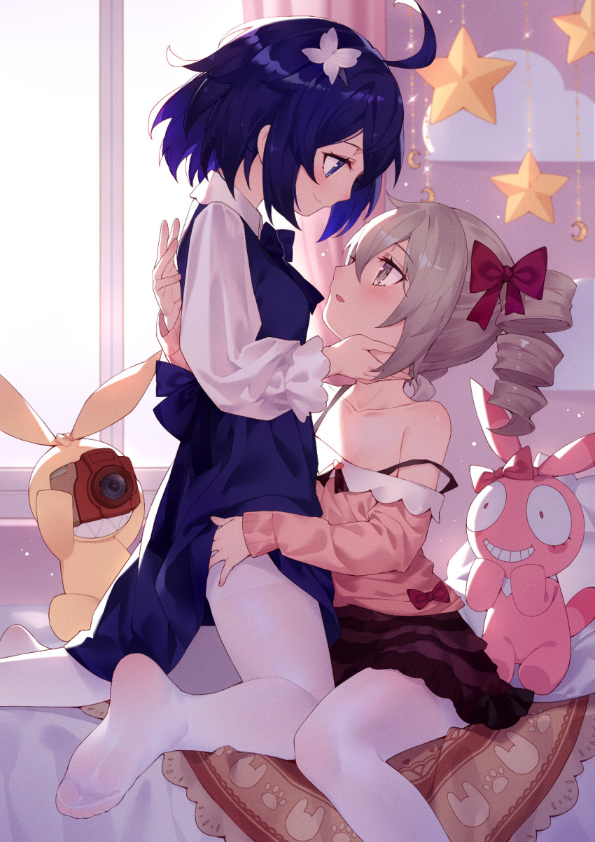 2girls blonde_hair blue_hair bra_strap bronya_zaychik cute feet fully_clothed hand_on_butt hand_on_thigh hand_under_skirt honkai_impact_3rd imminent_kiss looking_at_partner seele_vollerei stockings straddling tsubasa_tsubasa yuri