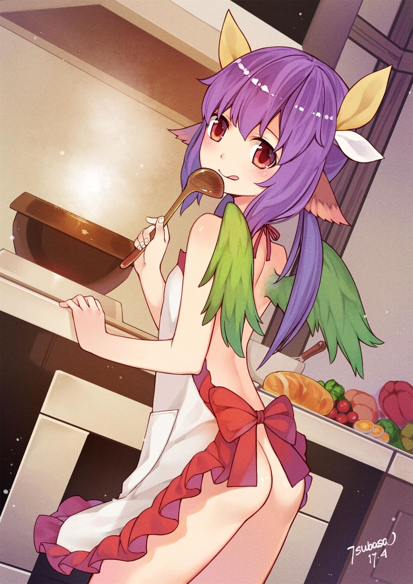 1girls :p apron apron_only backless_outfit blush cooking cute detailed_background female female_focus female_only green_feathers green_wings hair_ribbon isekai_kara_no_nono kitchen kitchen_counter kitchen_utensils ladle licking_lips looking_at_viewer looking_back miyu_(isekai_kara_no_nono) naked_apron purple_hair red_eyes solo solo_female solo_focus tagme tongue tsubasa_tsubasa wings wooden_spoon