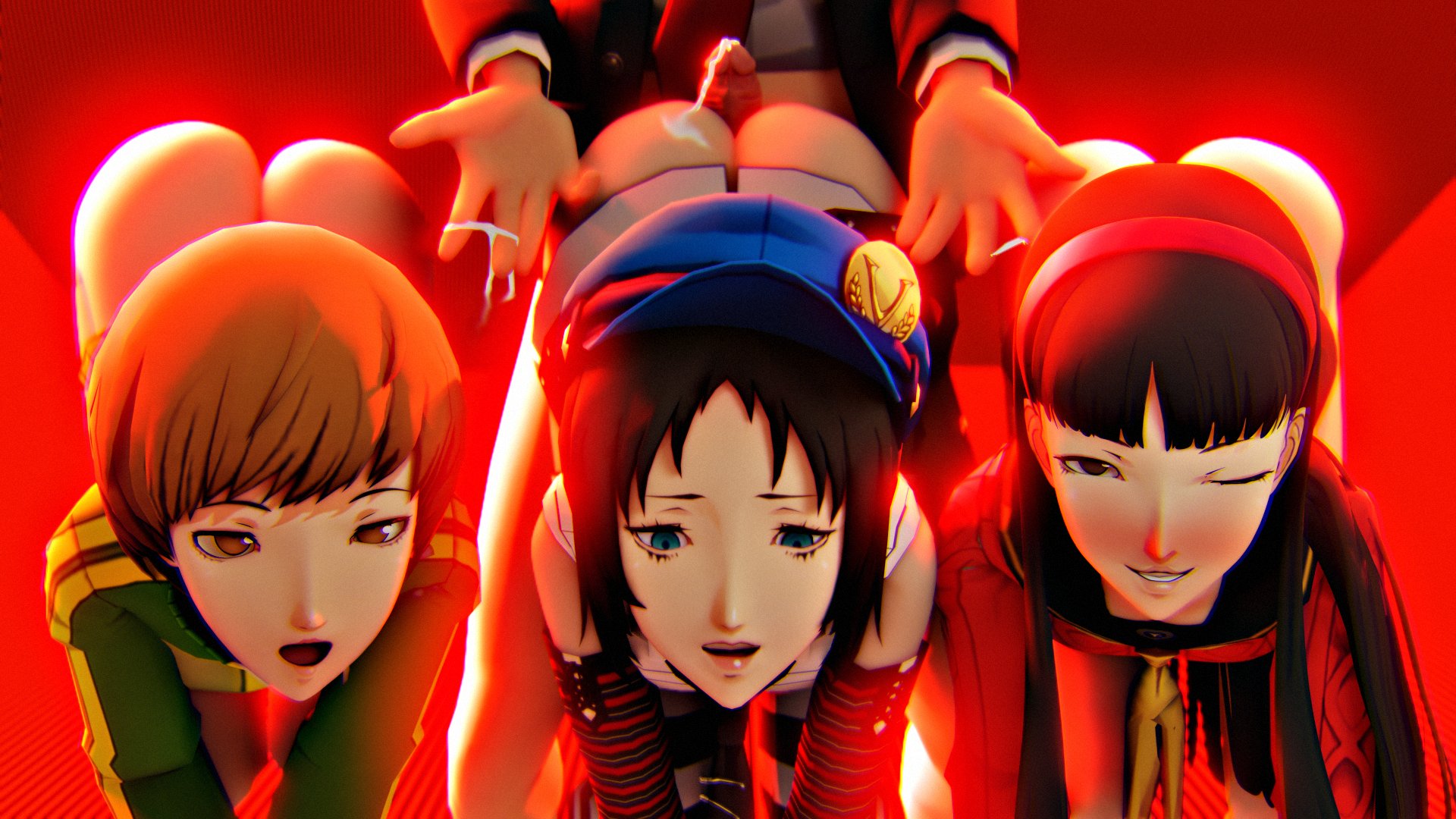 1boy, 3d, 3girls, after sex, age difference, amagi yukiko, amateurthrowaway, ass, atlus, bad end, broken rape victim, captured heroine, corrupted, corruption, cum on ass, cum on fingers, female, male, marie (persona 4), mind break, netorare, orgasm, orgasm face, persona, persona 4, persona 4 the golden, rape, satonaka chie, straight, tohru adachi, winking, winking at viewer