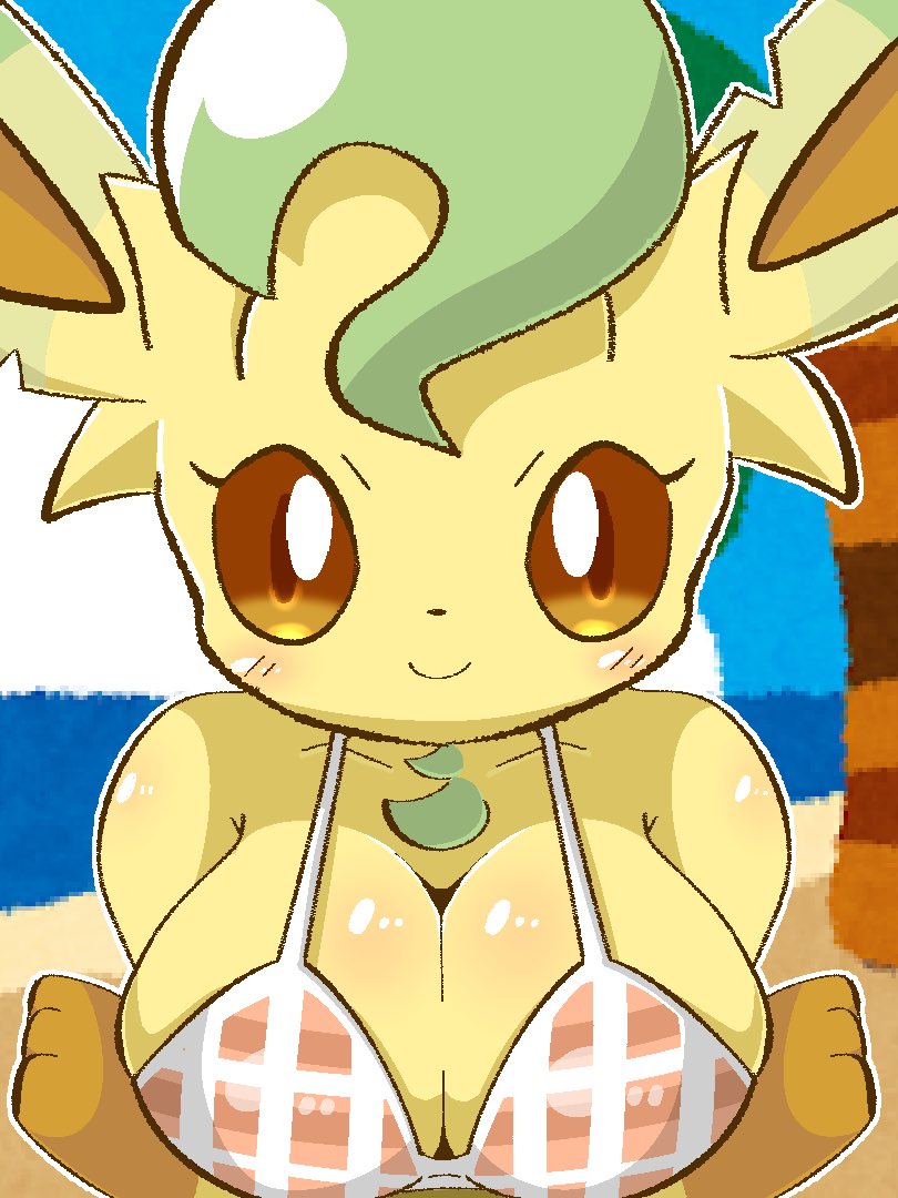 anthro big_breasts bra breasts bust eeveelution female leafeon nintendo pokemon pokemon_(species) sateco video_games