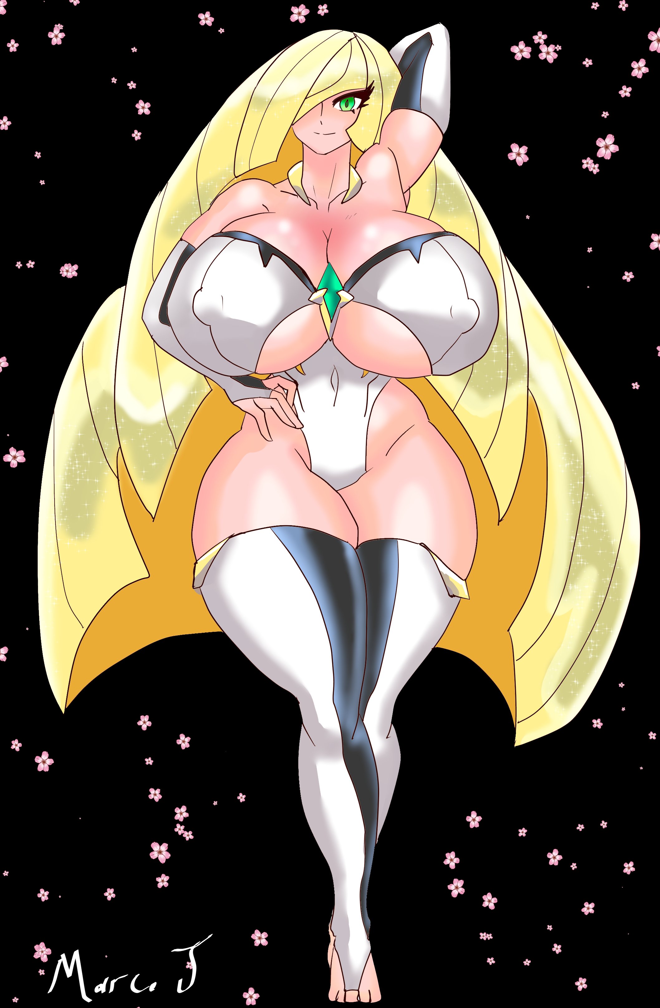 alternate breast size, bimbo, blonde hair, breasts, female, gigantic breasts, green eyes, hair over one eye, hips, huge breasts, huge hips, huge thighs, hyper breasts, large breasts, long hair, lusamine (pokemon), marcormen, massive breasts, nipple bulge, pokemon, pokemon sm, thick thighs, thighs, wide hips