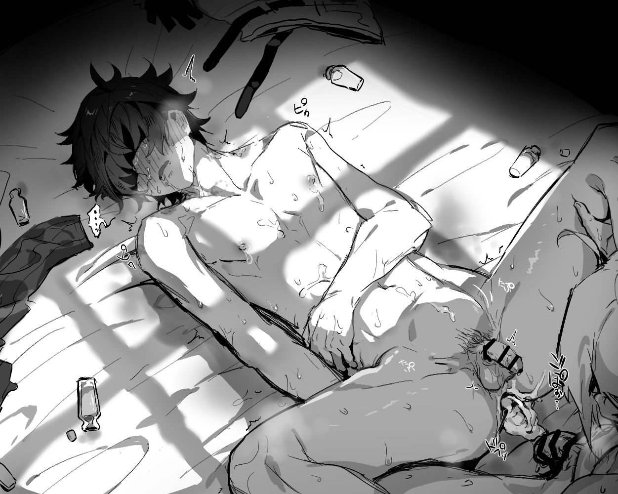 after sex, anal, blindfold, blush, bottle, crying, cum, cum in boy, cum inside, drugged, flaccid, iwatani naofumi, male, male only, male rape victim, male rapist, monochrome, on back, penis, spread legs, tate no yuusha no nariagari, yaoi