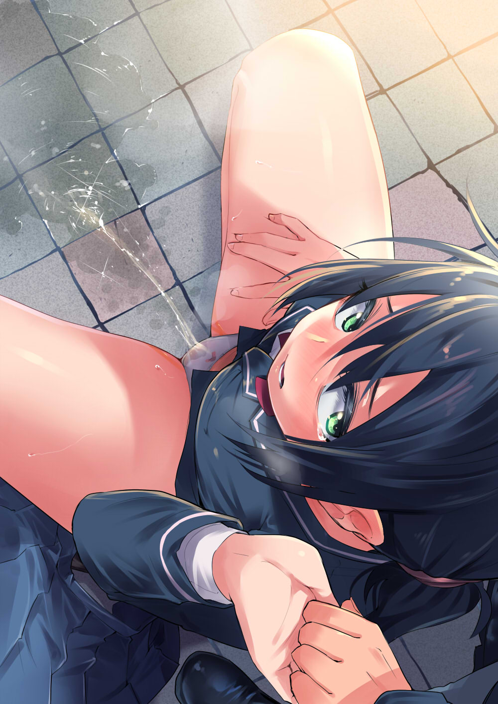 1boy 1girls bangs bare_thighs black_hair blush embarrassed female green_eyes highres holding_hand holding_hands long_sleeves looking_up medium_hair onsen_mikan open_mouth original panties peeing ribbon_panties school_uniform shirt skirt skirt_removed spread_legs sweat tears tiled_floor underwear urine_on_ground