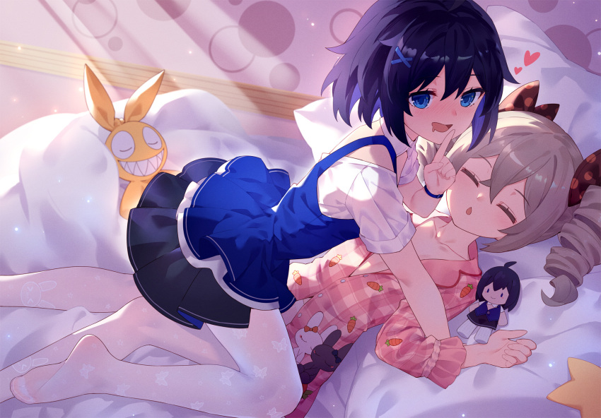 2girls asleep bed bedroom blue_eyes blue_hair blush blushing bow bow_in_hair dark_blue_hair dress drill_hair eyes_closed multiple_girls on_top pajamas pantyhose riding sleeping tagme tsubasa_tsubasa white_pantyhose