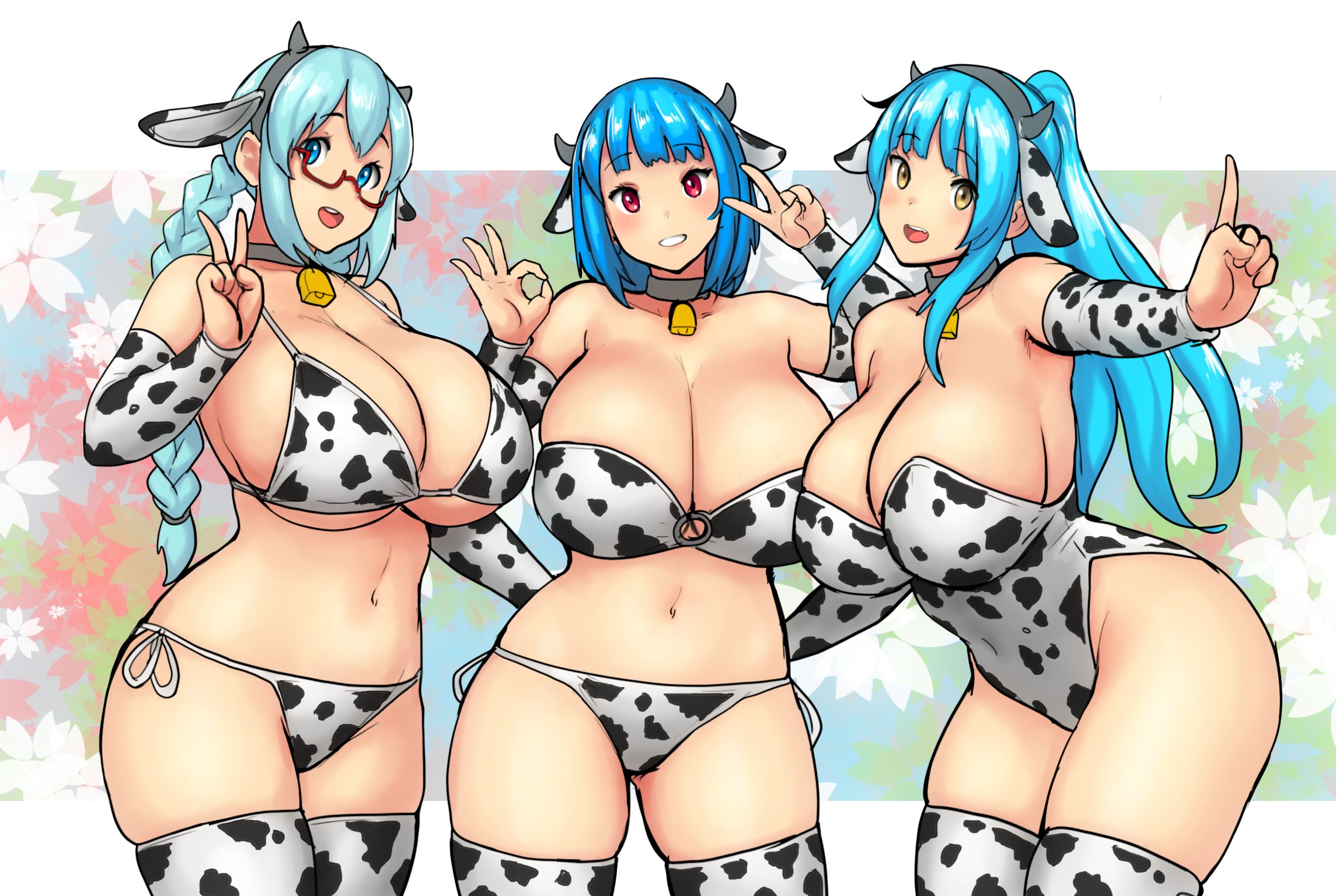 3girls, blue hair, breasts, character request, errorkazoo, female, huge breasts, red eyes, rina atherina (errorkazoo), tagme (character)