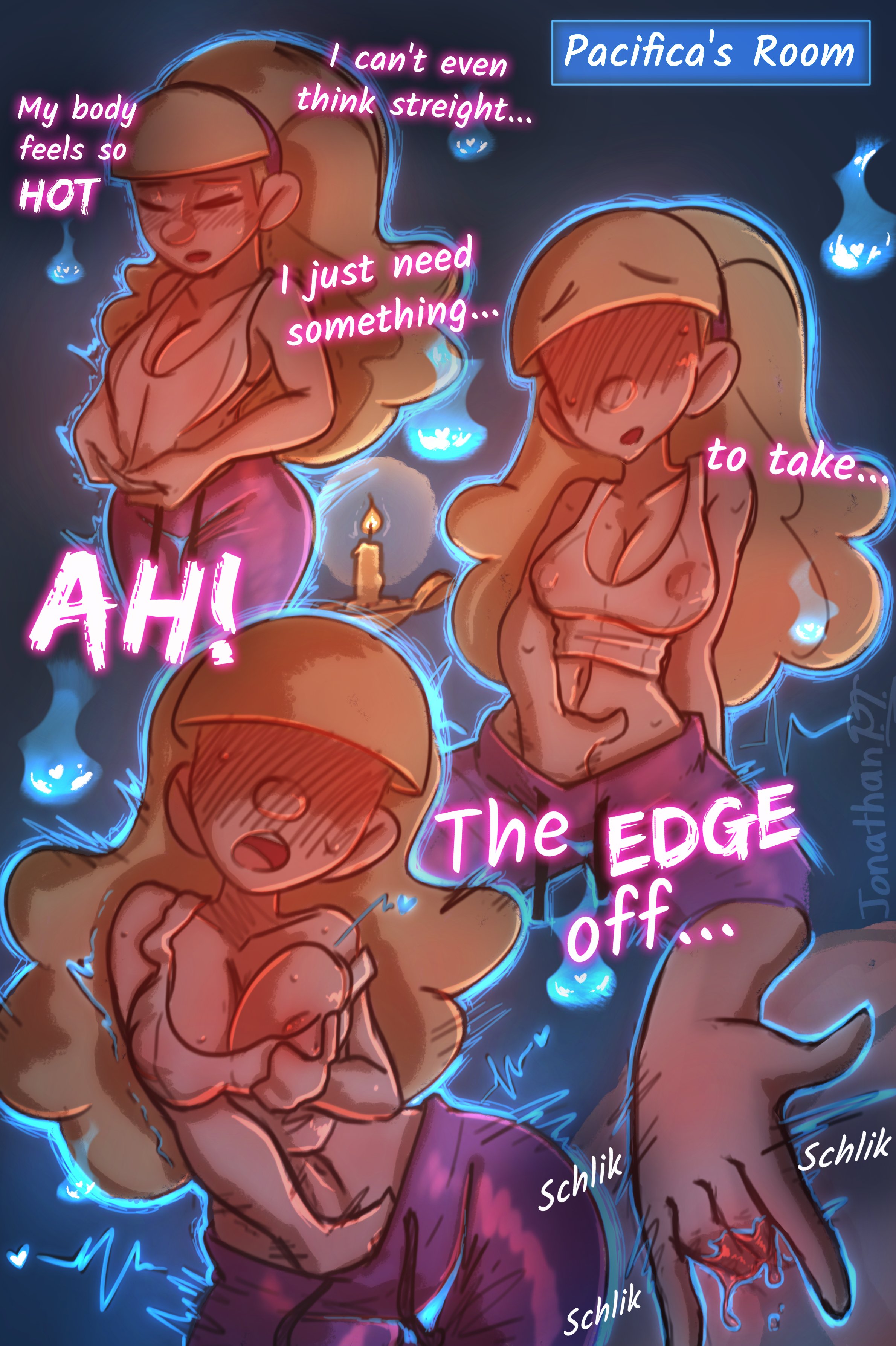 1girls, big breasts, blonde hair, blush, blush lines, blushing, breasts, cleavage, comic, disney, disney channel, english text, female, female masturbation, fingering, fingering self, ghost, gravity falls, hourglass figure, hypnosis, jonathanpt, light skin, light-skinned female, long hair, magic, masturbation, mind break, mind control, pacifica northwest, possessed, possession, slim waist, wide hips