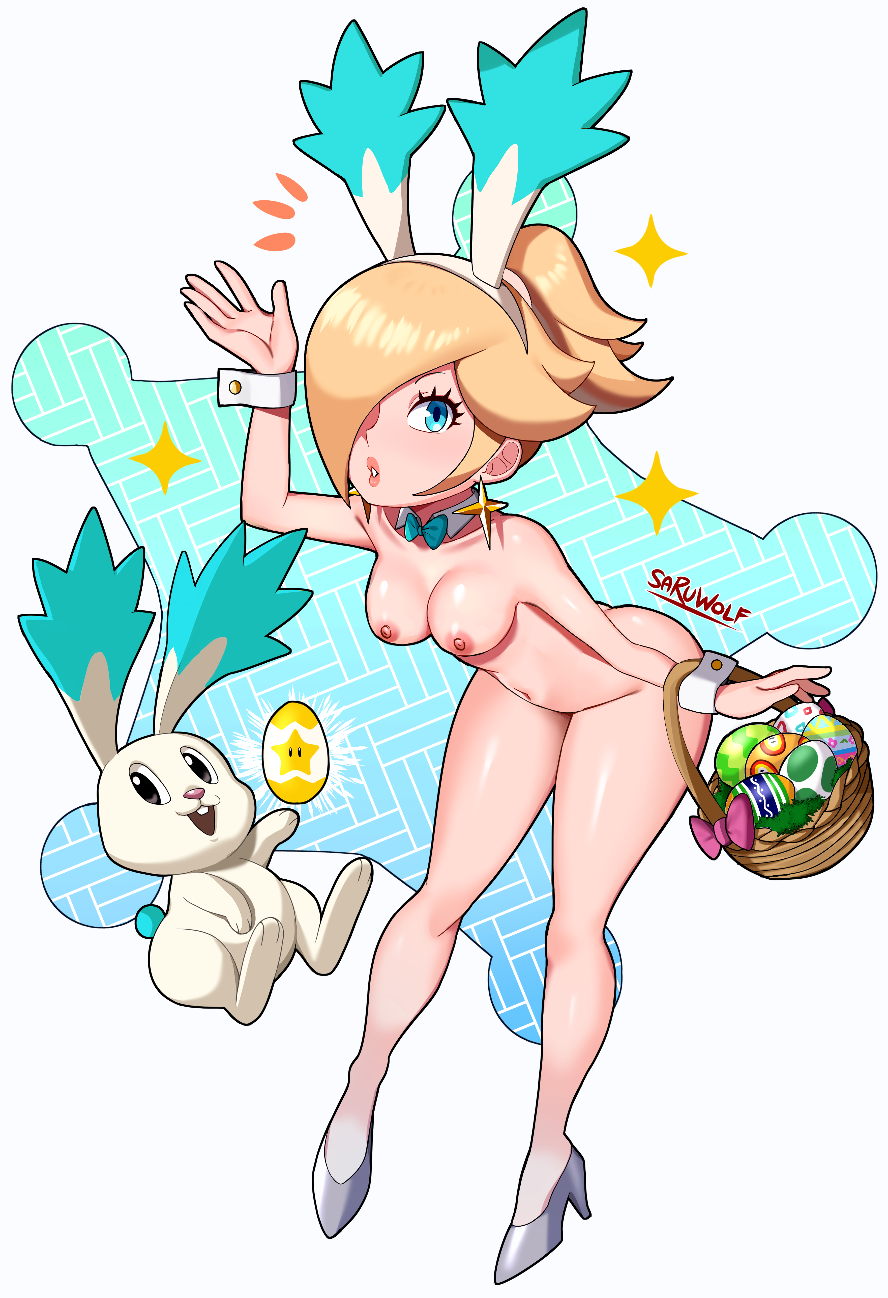 areolae, ass, basket, bent over, bimbo, blonde hair, blue eyes, bow, bowtie, breasts, bunny ears, collar, covered pussy, covering pussy, earrings, egg, eyelashes, fake animal ears, female, female focus, hair over one eye, high heels, highres, lagomorph, leporid, mario (series), medium breasts, naked footwear, naked heels, nintendo, nipples, nude, one eye covered, parted lips, ponytail, princess rosalina, pussy, rabbit, sarukaiwolf, shoes, star bunny, star bunny (cosplay), super mario galaxy, thick thighs, thighs