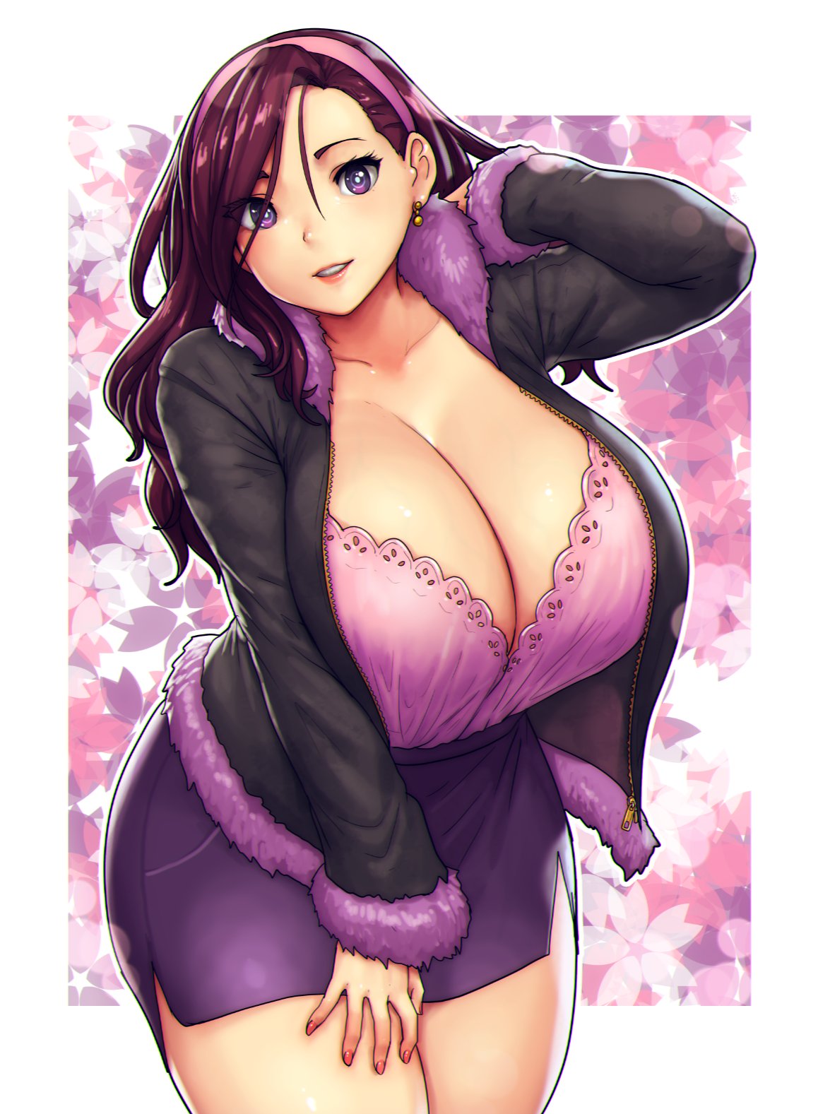 beryl_(junkpuyo) big_breasts brown_hair cleavage erkazooya errorkazoo female flowers headband huge_breasts lace-trimmed_bra long_hair pink_bra purple_eyes solo