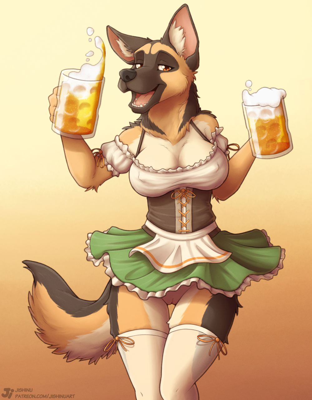 2021 alcohol amber_eyes anthro barmaid beer beer_foam beer_mug beverage big_breasts bottomless breasts canid canine canis cleavage cleft_of_venus clothed clothing corset digital_drawing_(artwork) digital_media_(artwork) dirndl domestic_dog english_text female fur genitals german_shepherd gradient_background herding_dog hi_res holding_mug jishinu legwear lingerie looking_at_viewer mammal nipple_outline no_underwear oktoberfest open_mouth pastoral_dog pussy rachel_(jishinu) simple_background solo stockings text tongue topwear url