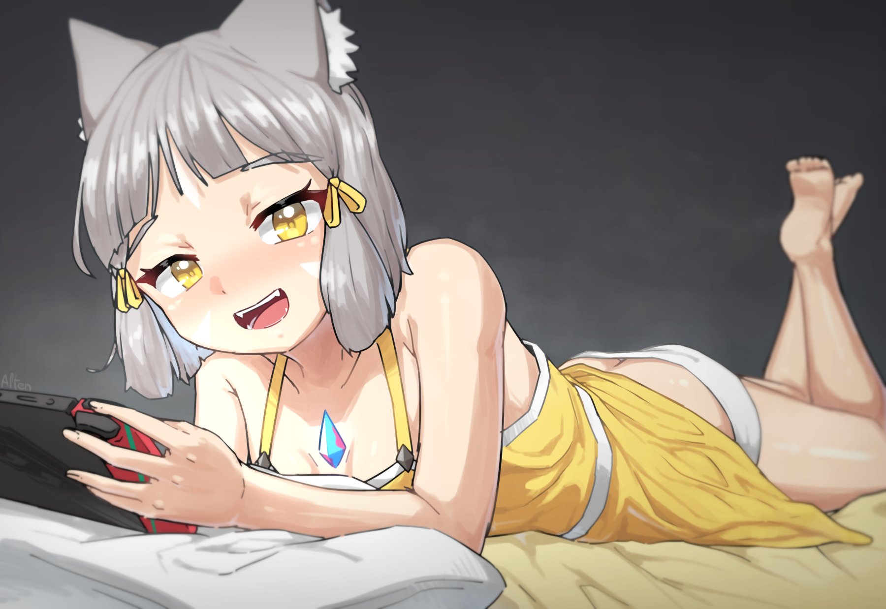 1girls, alten, bare legs, bare shoulders, barefoot, bed, bob cut, cat ears, cat girl, catgirl, core crystal, cute, fangs, female, grey hair, hair ribbon, looking at viewer, lying, lying on stomach, nekomimi, nia, nia (xenoblade), nightie, nintendo, nintendo switch, on bed, open mouth, pajamas, panties, petite, pillow, playing videogame, relaxing, skirt lift, small ass, tagme, talking to viewer, the pose, xenoblade (series), xenoblade chronicles 2, yellow eyes