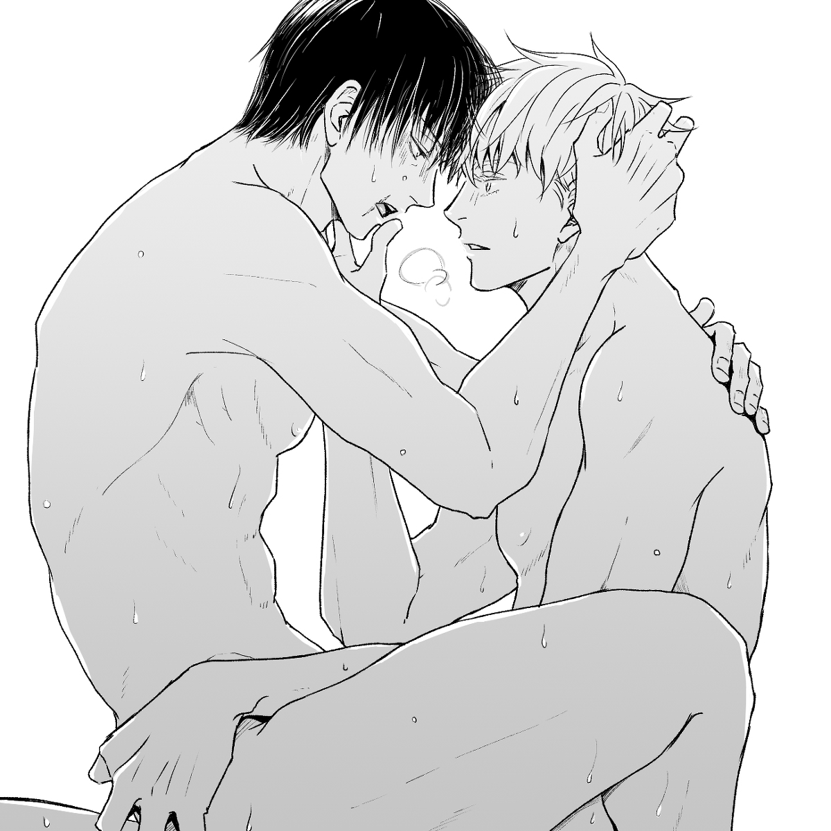 2boys, completely nude, gay, jujutsu kaisen, looking at another, male, male focus, male only, nude, nude male, offscreen sex, romantic ambiance, satoru gojo, toji fushiguro, white background, yaoi