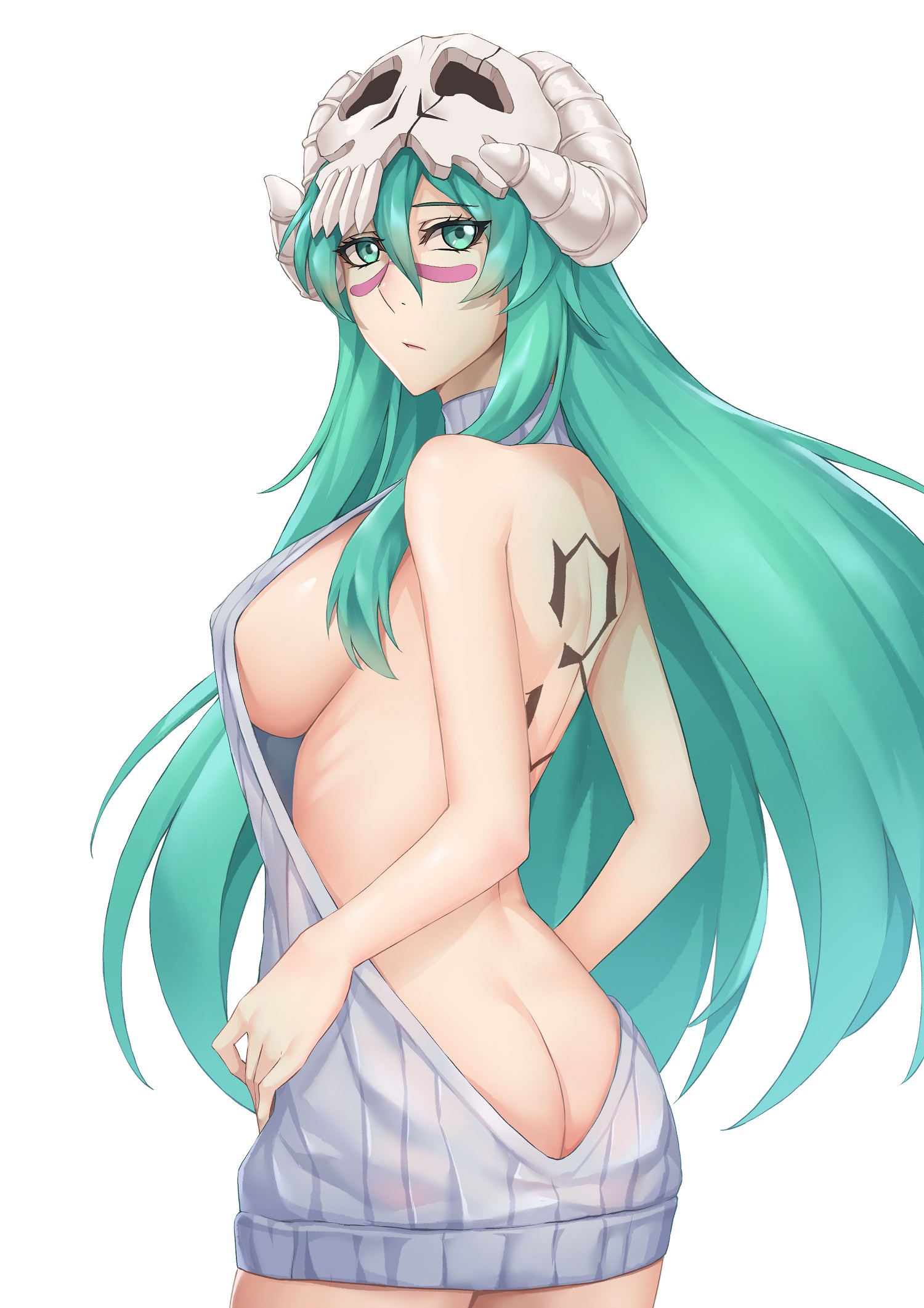 1girls, alternate eye color, ass, ass cleavage, ass crack, backless, backless outfit, bare arms, bare legs, bare shoulders, bleach, breasts, butt crack, clothed, clothed female, clothing, female, female only, green eyes, green hair, helmet, highres, large breasts, light skin, light-skinned female, long hair, matching hair/eyes, meme attire, mostly nude, nelliel tu odelschwanck, number, number tattoo, revealing clothes, ribbed sweater, sakuya (liao kj), shiny, shiny hair, shiny skin, sideboob, skindentation, skull, skull hair ornament, solo, solo focus, sweater, tattoo, very long hair, virgin killer sweater, white background