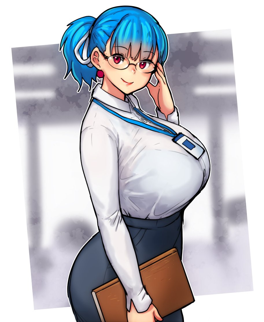 big_breasts blue_hair blurry_background clipboard errorkazoo female glasses huge_breasts name_tag office office_lady red_eyes rina_atherina_(errorkazoo) solo tied_hair