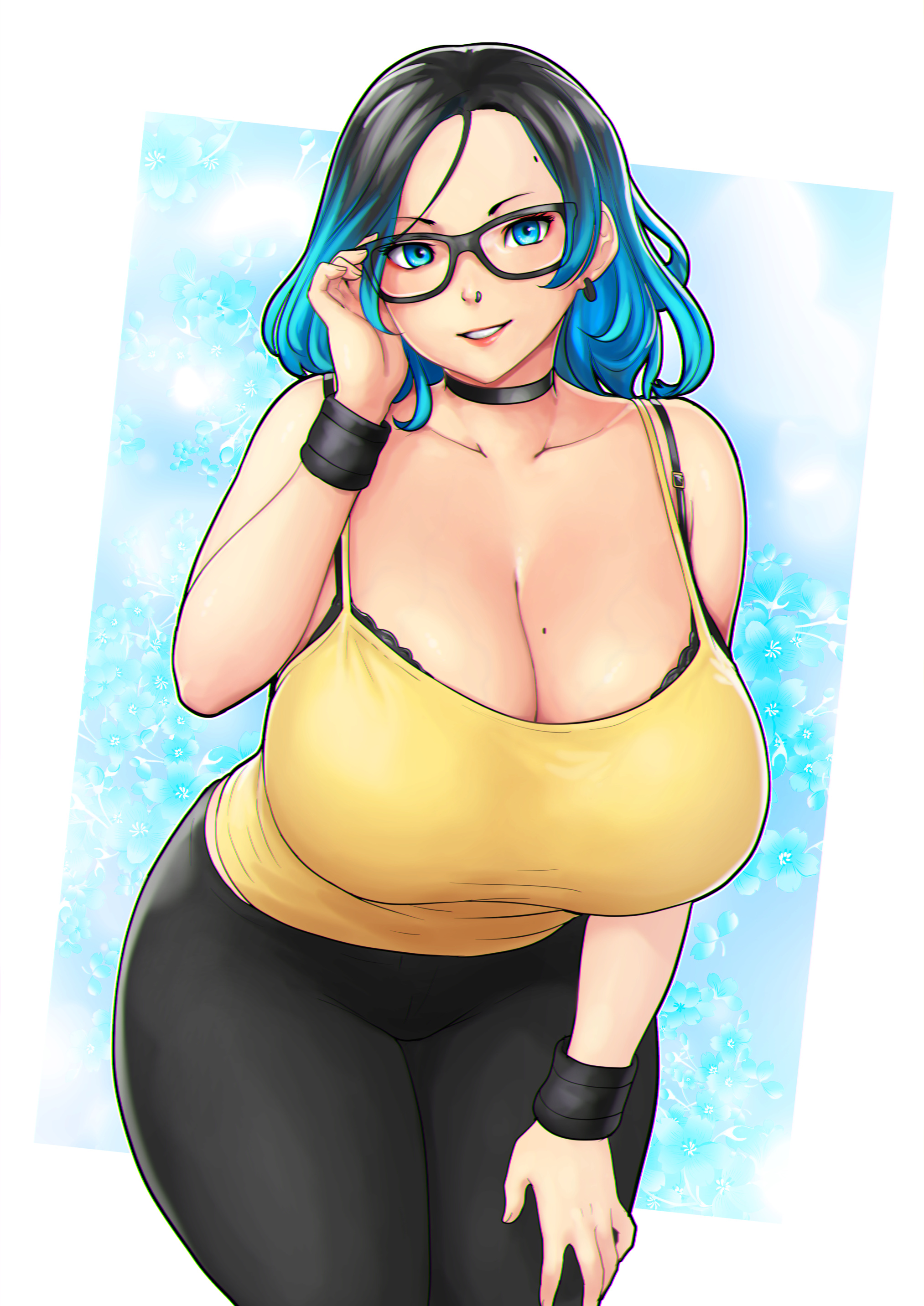 big breasts, black hair, blue eyes, blue hair, breasts, errorkazoo, female, huge breasts, solo female