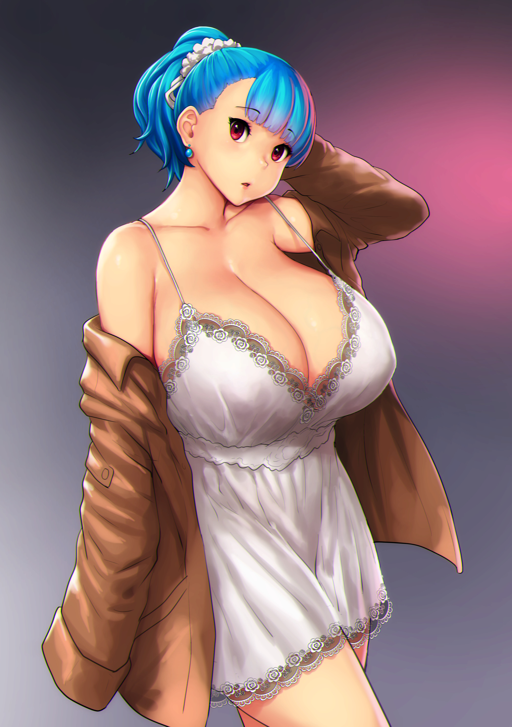 big breasts, blue hair, breasts, errorkazoo, female, huge breasts, lace-trimmed bra, off shoulder, red eyes, rina atherina (errorkazoo), solo