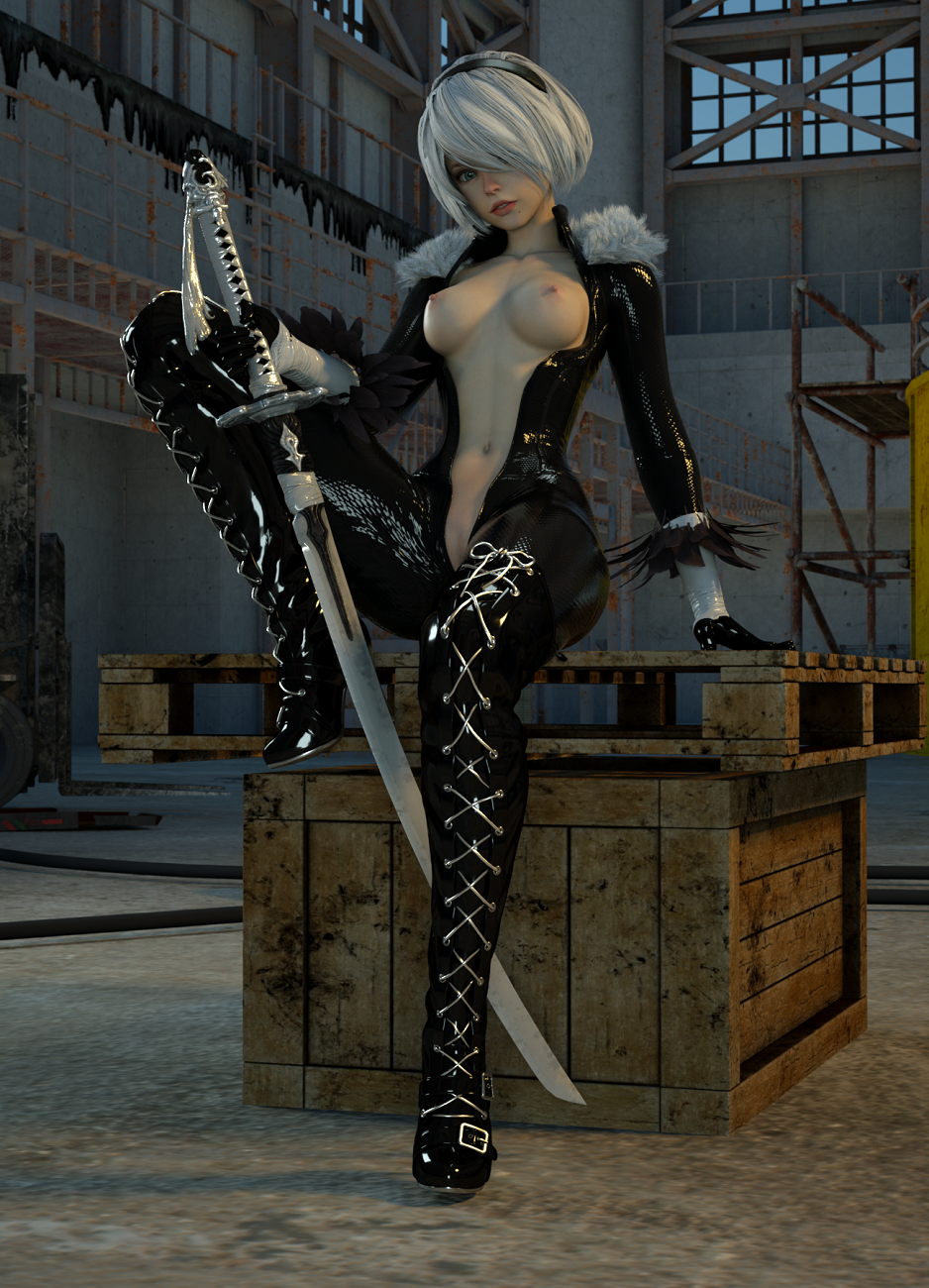 3d android blue_eyes catsuit exposed_breasts exposed_pussy female_only fur_collar fur_collar_jacket fur_trim gynoid hair_ornament hair_over_one_eye hairband katana large_breasts light_skin looking_at_viewer nier nier:_automata no_bra no_panties robot robot_girl square_enix sword thigh_boots thighhighs warehouse weapon yorha_2b zafo