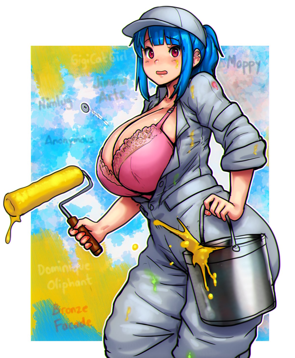 big_breasts blue_hair blush bursting_breasts button_pop embarrassed errorkazoo female huge_breasts paint paint_roll painter pink_bra ponytail red_eyes rina_atherina_(errorkazoo) solo yellow_paint