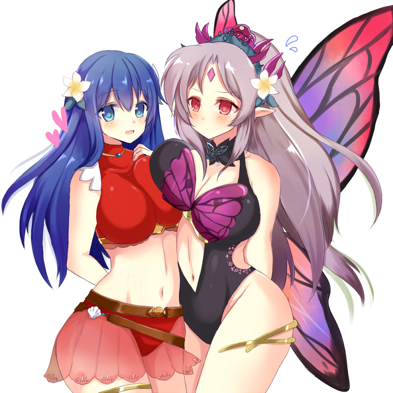 2girls alternate_costume asymmetrical_docking bare_midriff bare_thighs bikini bikini_skirt black_swimsuit blue_eyes blue_hair breast_squeeze caeda_(fire_emblem) caeda_(summer)_(fire_emblem) cleavage fairy fairy_wings female_only fire_emblem fire_emblem:_mystery_of_the_emblem fire_emblem:_shadow_dragon_and_the_blade_of_light fire_emblem_heroes frown grey_hair large_breasts long_blue_hair long_hair looking_at_viewer miyako_(mongcocoa) nintendo one-piece_swimsuit open_mouth plumeria_(fire_emblem) plumeria_(summer)_(fire_emblem) pointy_ears red_bikini red_eyes red_swimsuit see-through smile swimsuit very_long_hair