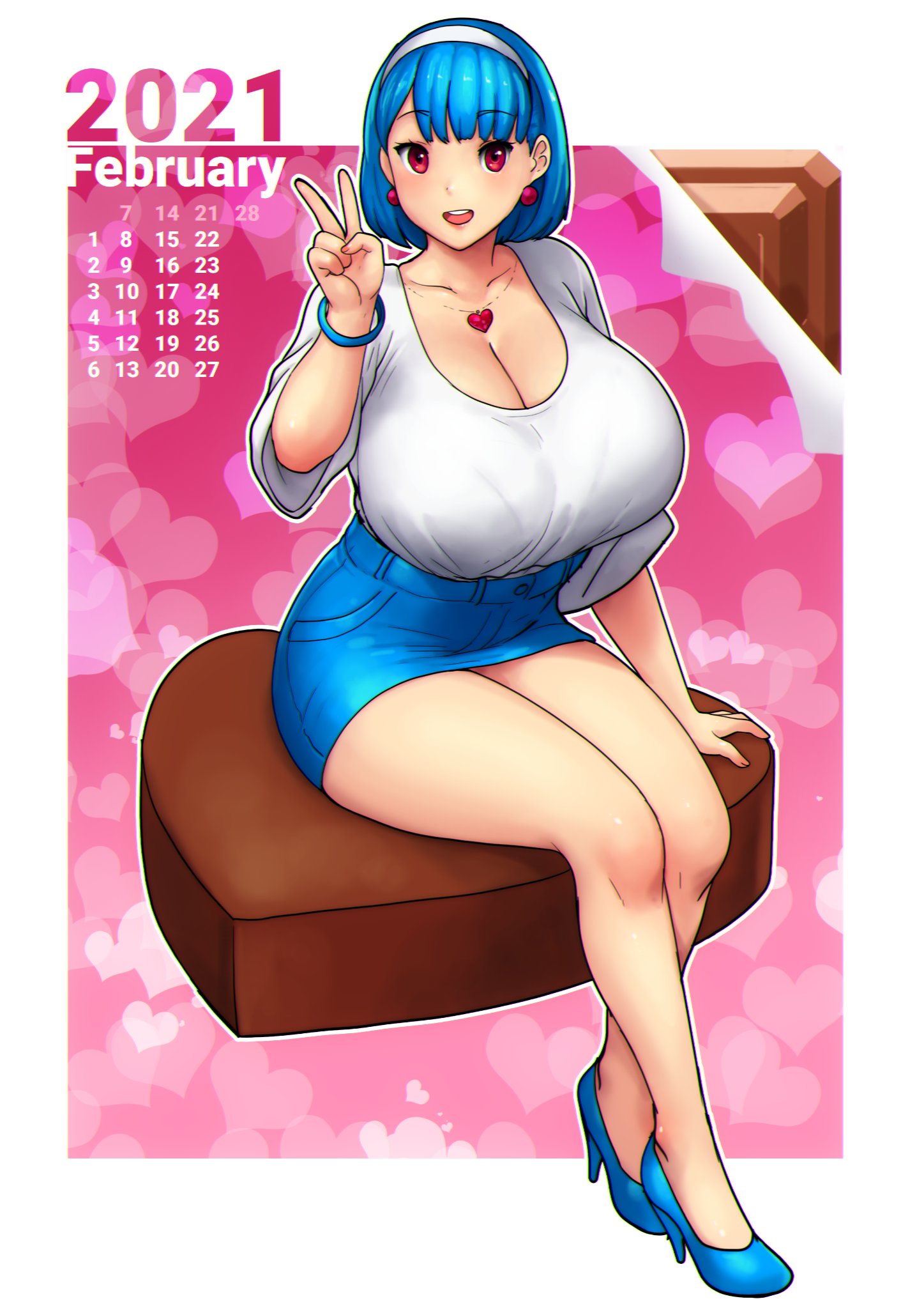 2021, big breasts, blue hair, breasts, chocolate, errorkazoo, female, headband, heart, heart earrings, heart necklace, heels, huge breasts, peace sign, red eyes, rina atherina (errorkazoo), valentine's day