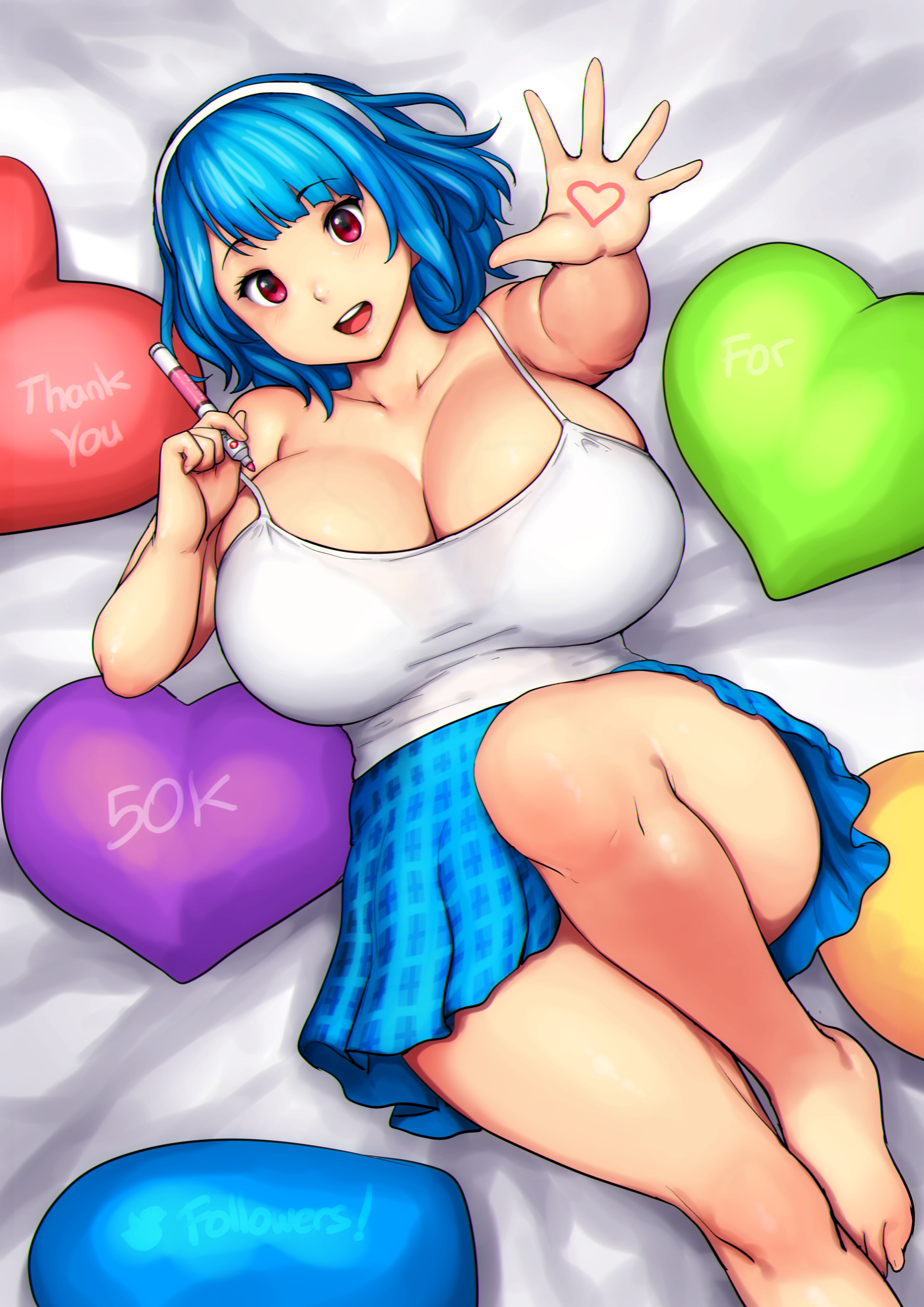 <3, big breasts, blue hair, breasts, errorkazoo, female, huge breasts, red eyes, rina atherina (errorkazoo), solo