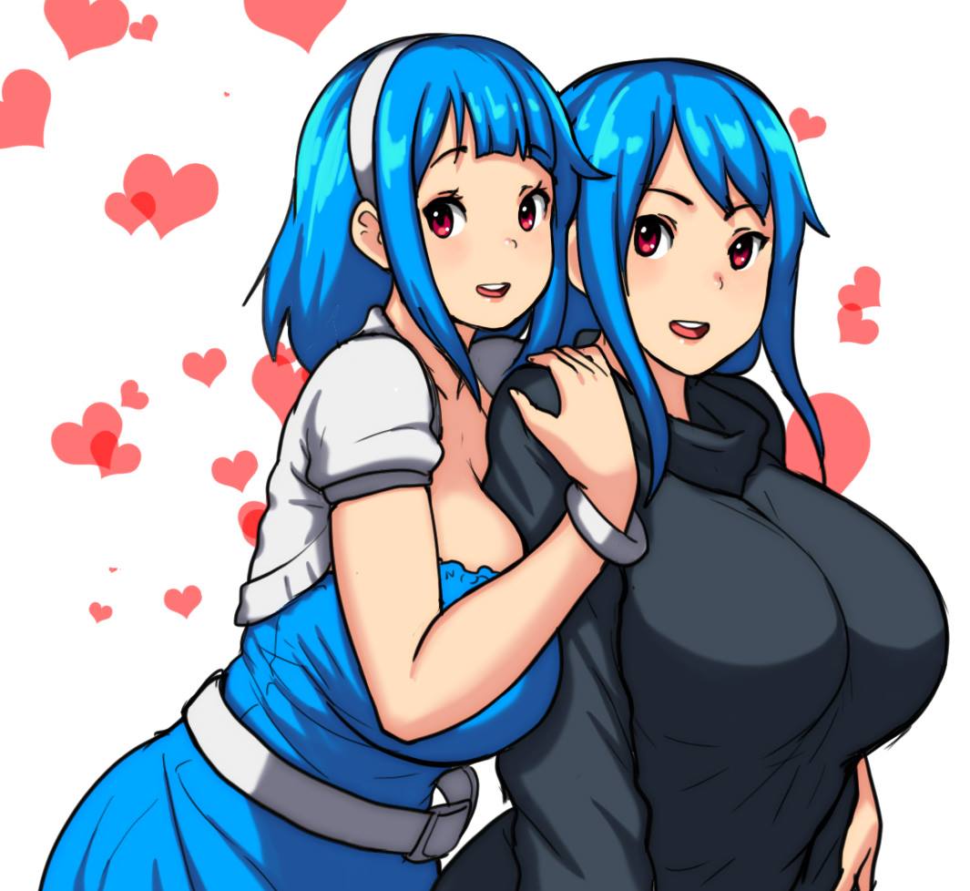 <3 2girls big_breasts blue_hair duo errorkazoo female hearts huge_breasts mature_female milf mother_and_daughter red_eyes rina_atherina_(errorkazoo)