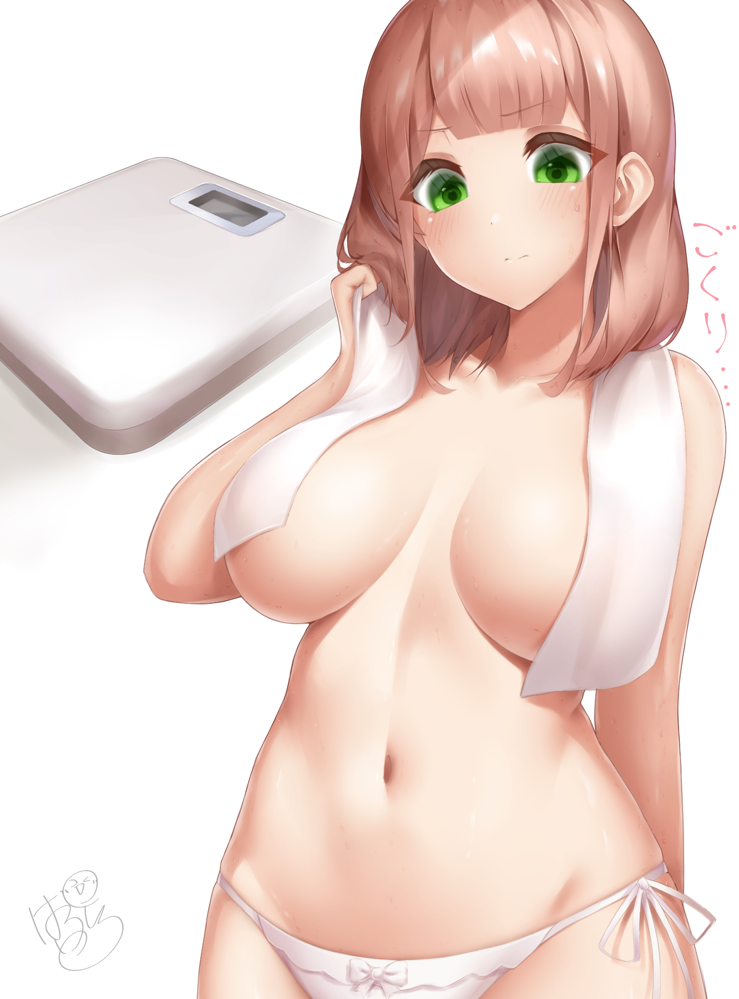 1girls, arm behind back, bang dream!, bangs, bare shoulders, belly, belly button, big breasts, blunt bangs, blush, bow, bow panties, breasts, breasts apart, closed mouth, cowboy shot, female, female only, green eyes, hapushilu, highres, human, human only, humanoid, large breasts, looking down, medium hair, navel, panties, pink hair, side-tie panties, sidelocks, signature, solo, solo female, sound effects, standing, stomach, towel, towel around neck, uehara himari, underwear, voluptuous, weighing scale, weight conscious, wet, wet hair, white background, white panties