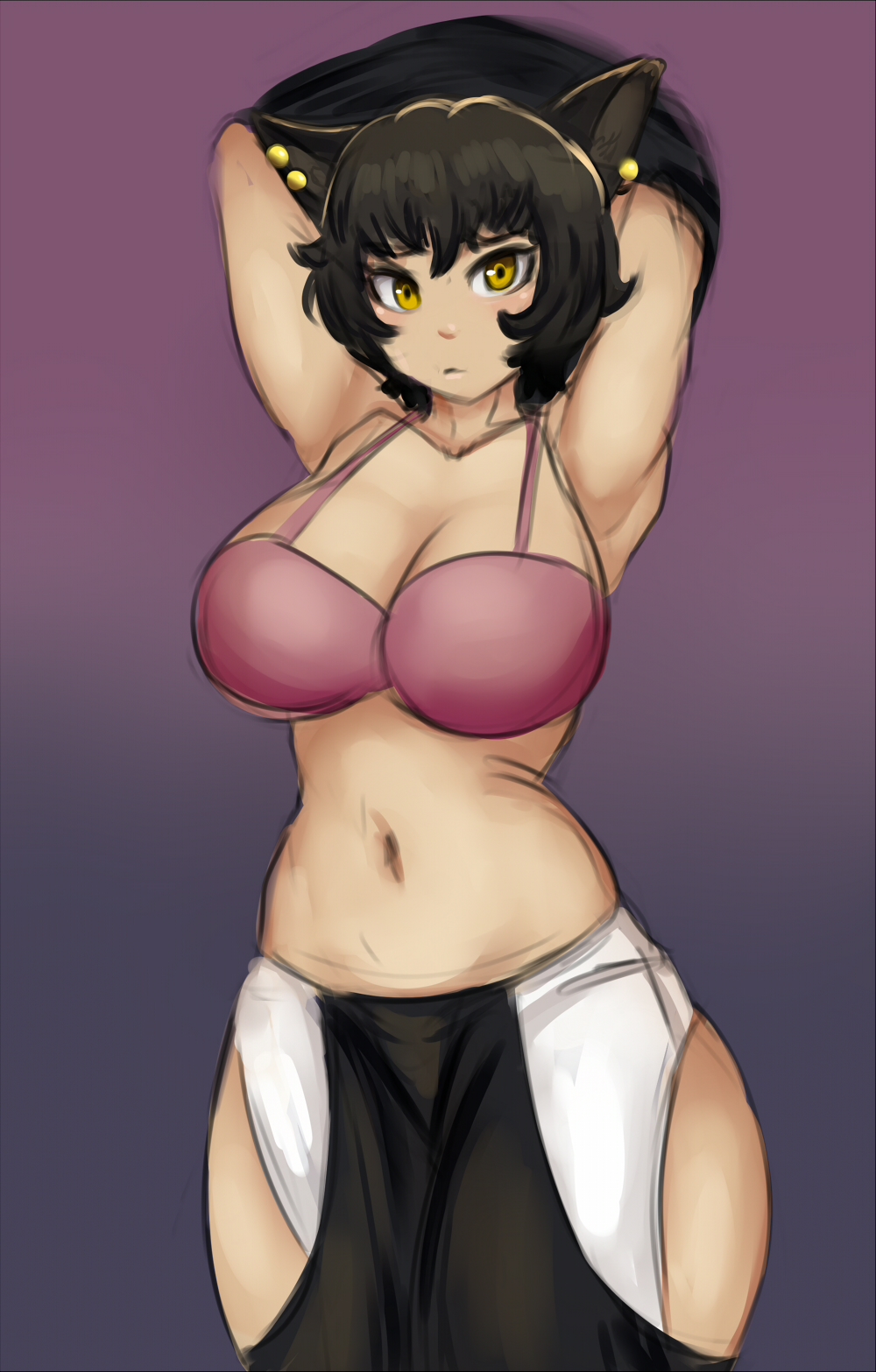 1girls armpits arms_behind_head arms_up big_breasts black_hair bra busty cat_ears catgirl curvy ear_piercing exposed_thighs female female_only frown kali_belladonna kemonomimi large_breasts looking_at_viewer mature mature_woman messy_hair milf mother myblacksky mygreysky navel piercing revealing_clothes rooster_teeth rwby shirt_lift tan_skin thick_thighs undressing voluptuous yellow_eyes