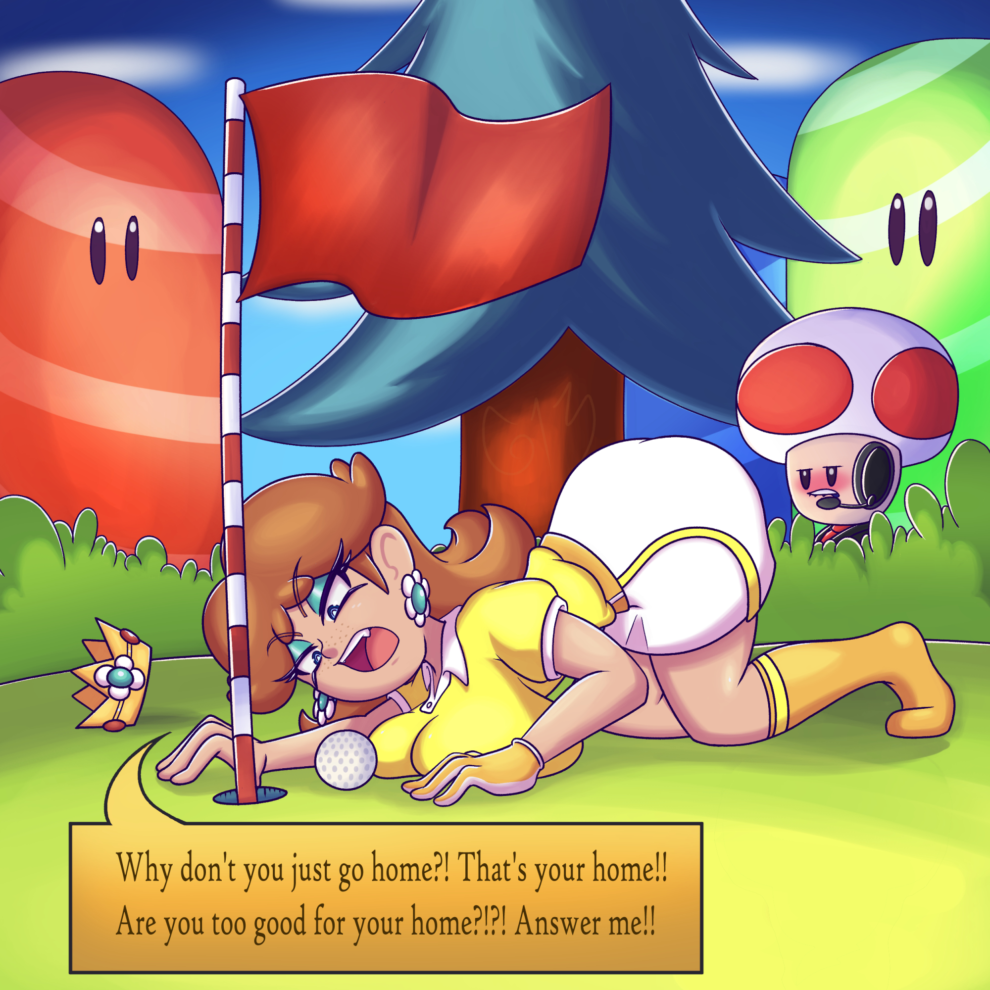 1girls, ass, blue eyes, blue eyeshadow, blush, breasts, brown hair, chaosmic613, comedy, crown, earrings, english text, female, female focus, female only, flag, funny, hill, hips, humor, large breasts, mario (series), mario golf, movie reference, nintendo, on all fours, pine tree, princess daisy, skirt, text, text box, thick thighs, thighs, toad (mario), tree