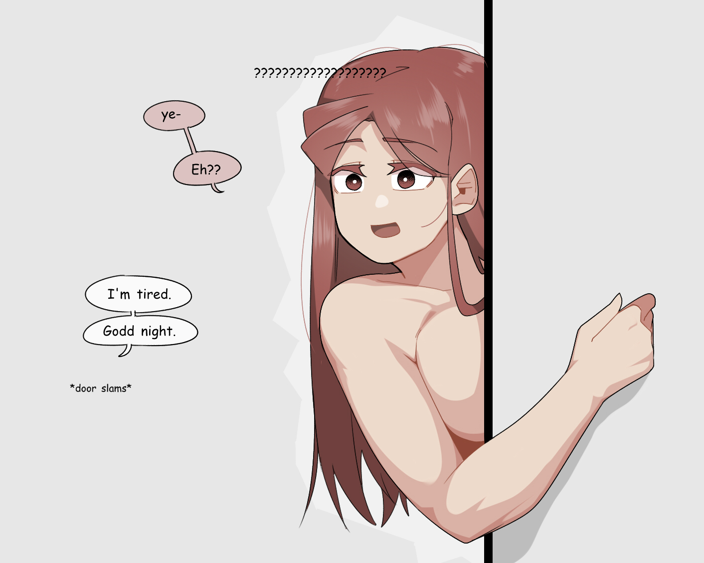 1girls, areolae, big breasts, breasts, dialogue, female, female only, human, light skin, light-skinned female, long hair, nude, oddsnail, offscreen character, pale skin, red hair, solo, standing, surprised, text, wide eyed