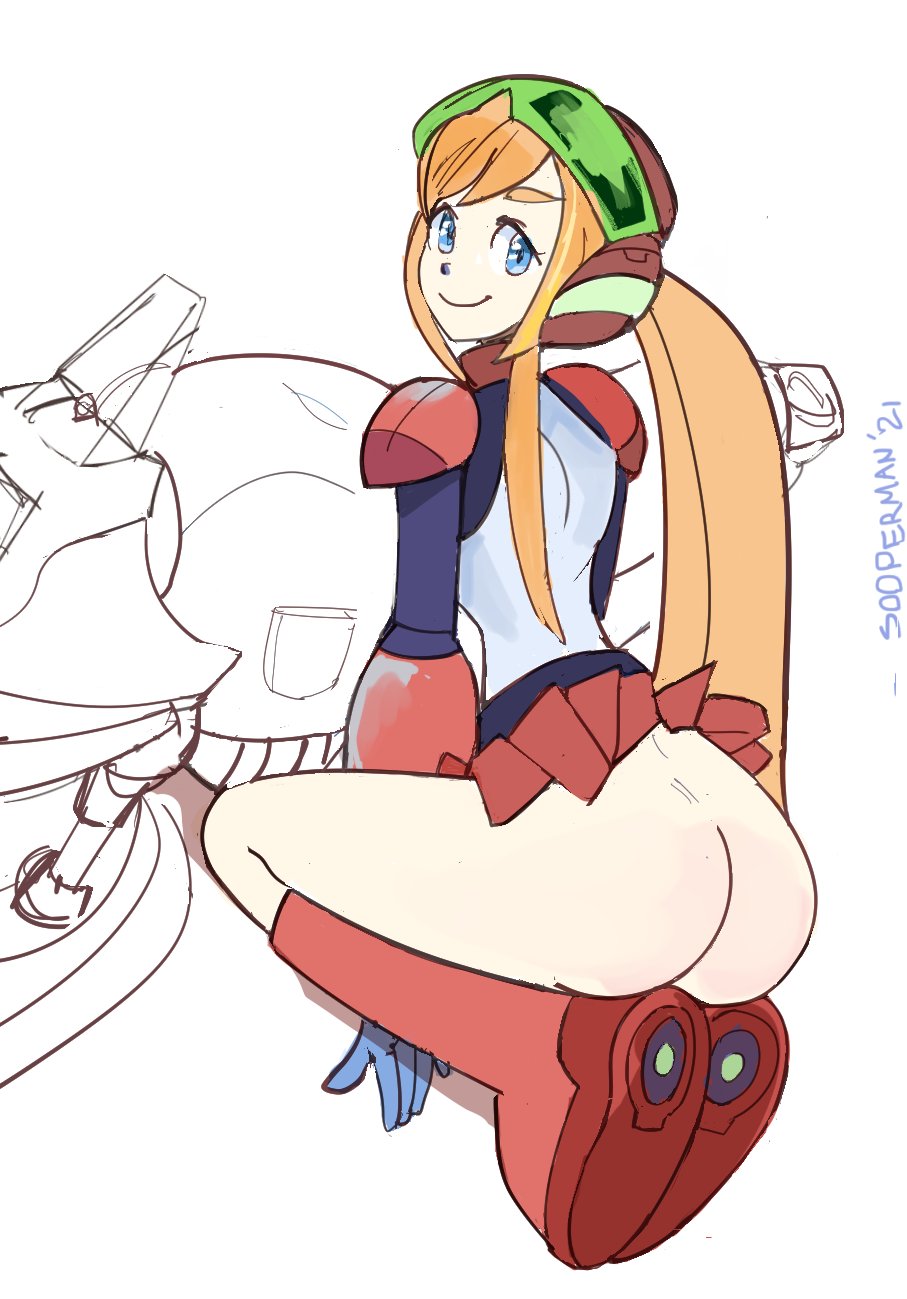 1girls, 2d, ass, ass focus, big ass, blonde, blonde hair, blue eyes, bottomless, clothed, color, female, female focus, female only, looking at viewer, mega man, mega man (classic), no panties, pachislot rockman ability, partially clothed, robot, robot girl, rockman, roll, smiling, smiling at viewer, solo, solo female, solo focus, sooperman, teenager, tiny waist, wide hips