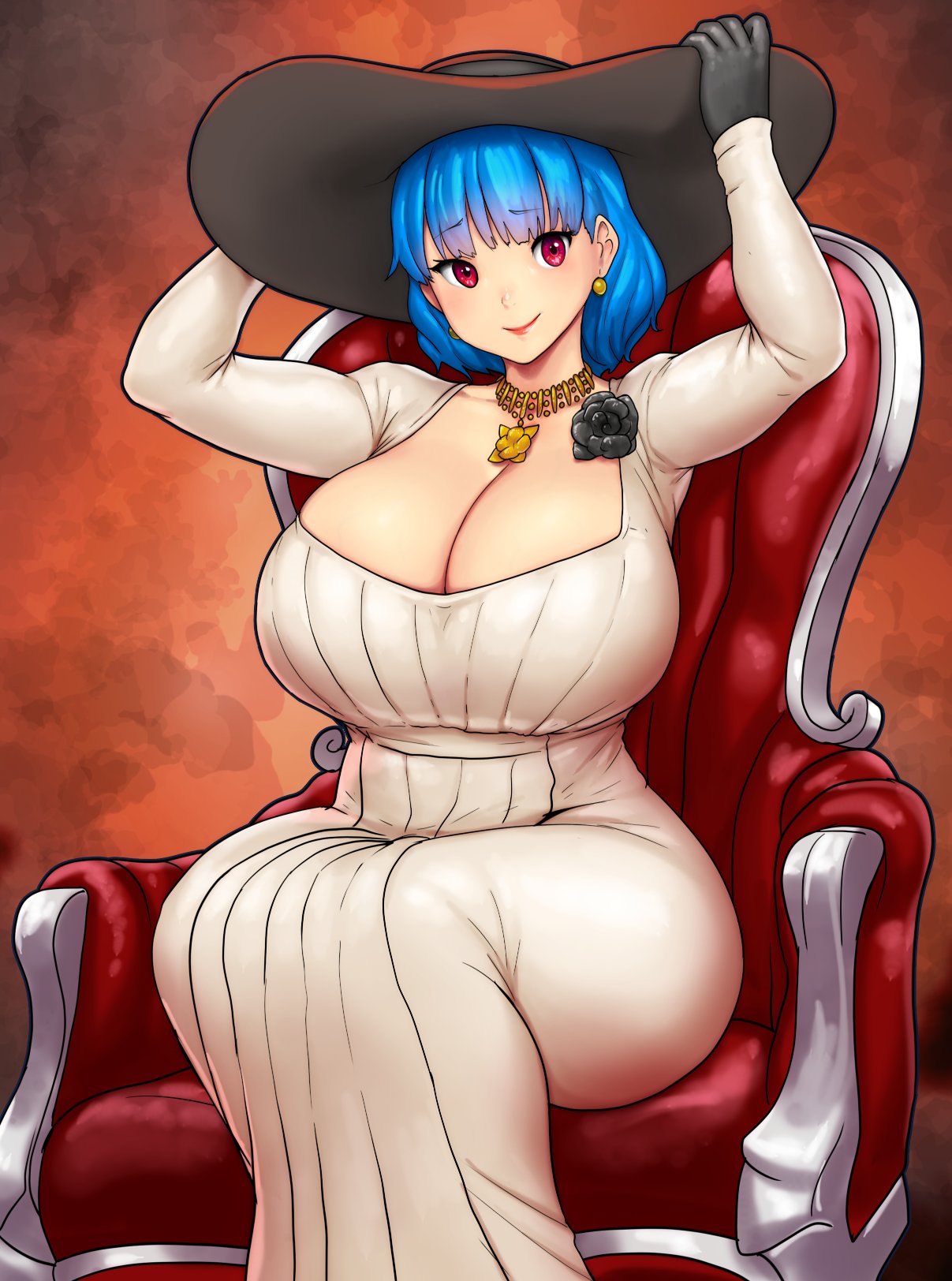 alcina dimitrescu (cosplay), big breasts, blue hair, breasts, capcom, cosplay, errorkazoo, female, huge breasts, red eyes, resident evil, resident evil 8: village, rina atherina (errorkazoo), thick thighs