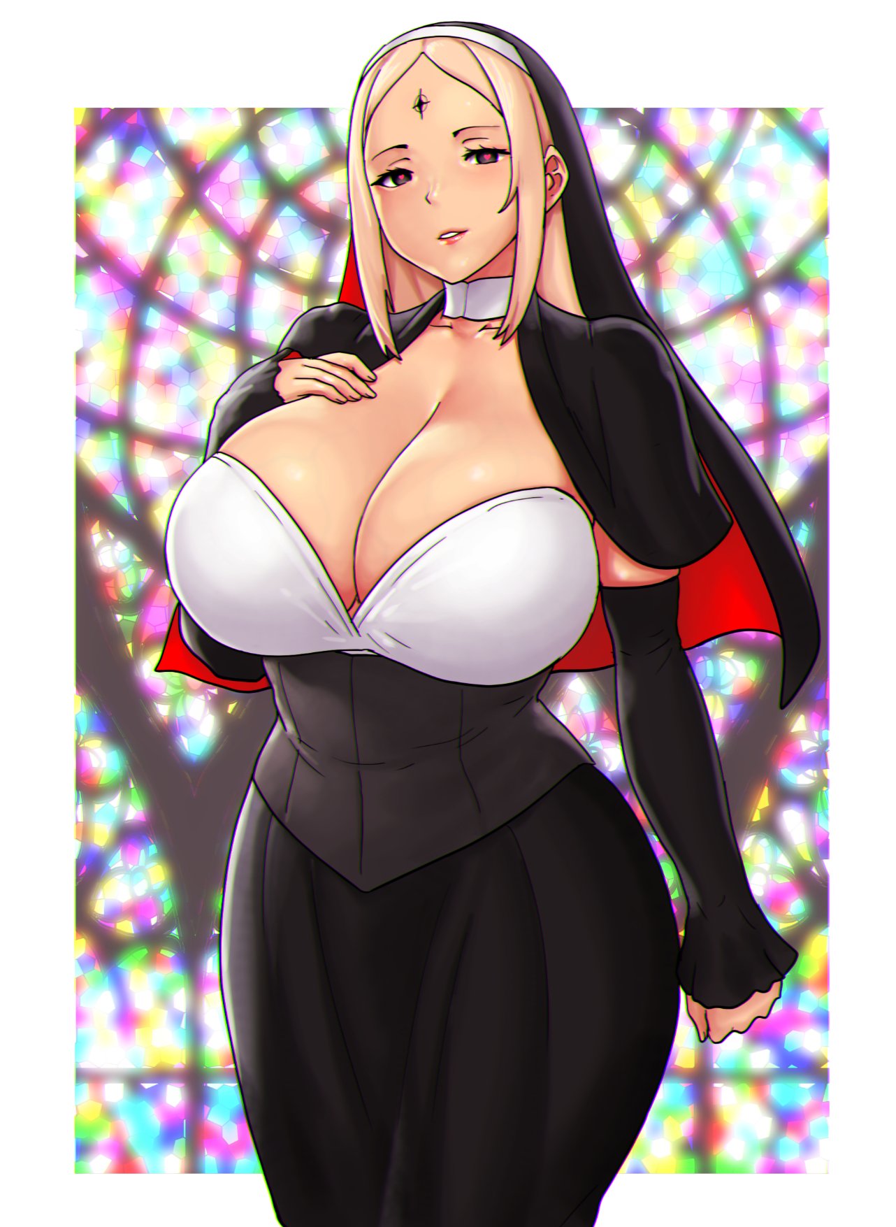 blonde_hair cross errorkazoo female huge_breasts red_eyes solo stained_glass tagme_(character)