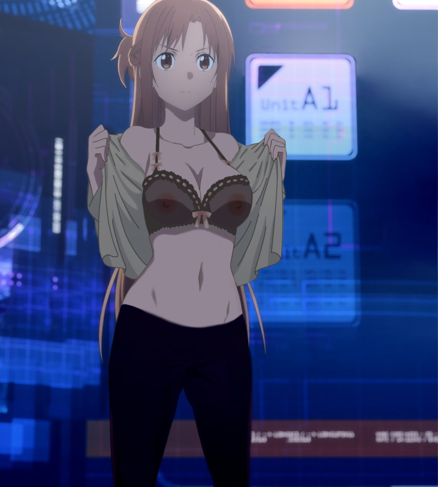 edit, female, lingerie, lingerie under clothes, nipples, screenshot edit, see-through, sword art online, undressing, yuuki asuna