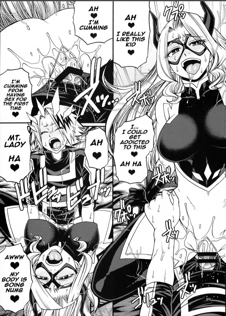 ass, blush, bodysuit, breasts, comic, condom, consensual, covered breasts, cum, cum in pussy, cum inside, denki kaminari, dialogue, electric, electric shock, electricity, electro, electrostimulation, english text, exposed anus, exposed ass, exposed penis, exposed pussy, eyemask, female, female orgasm, forced orgasm, hero outfit (mha), hole in pants, horns, jumpsuit, large ass, large breasts, large penis, looking up, male, male orgasm, male penetrating, male/female, manga, missionary position, moaning, moaning in pleasure, mount lady, my hero academia, older female, older female and younger male, on bed, page 9, page number, penis, pleasure face, pussy, right to left, speech bubble, sweat, sweatdrop, yuu takeyama